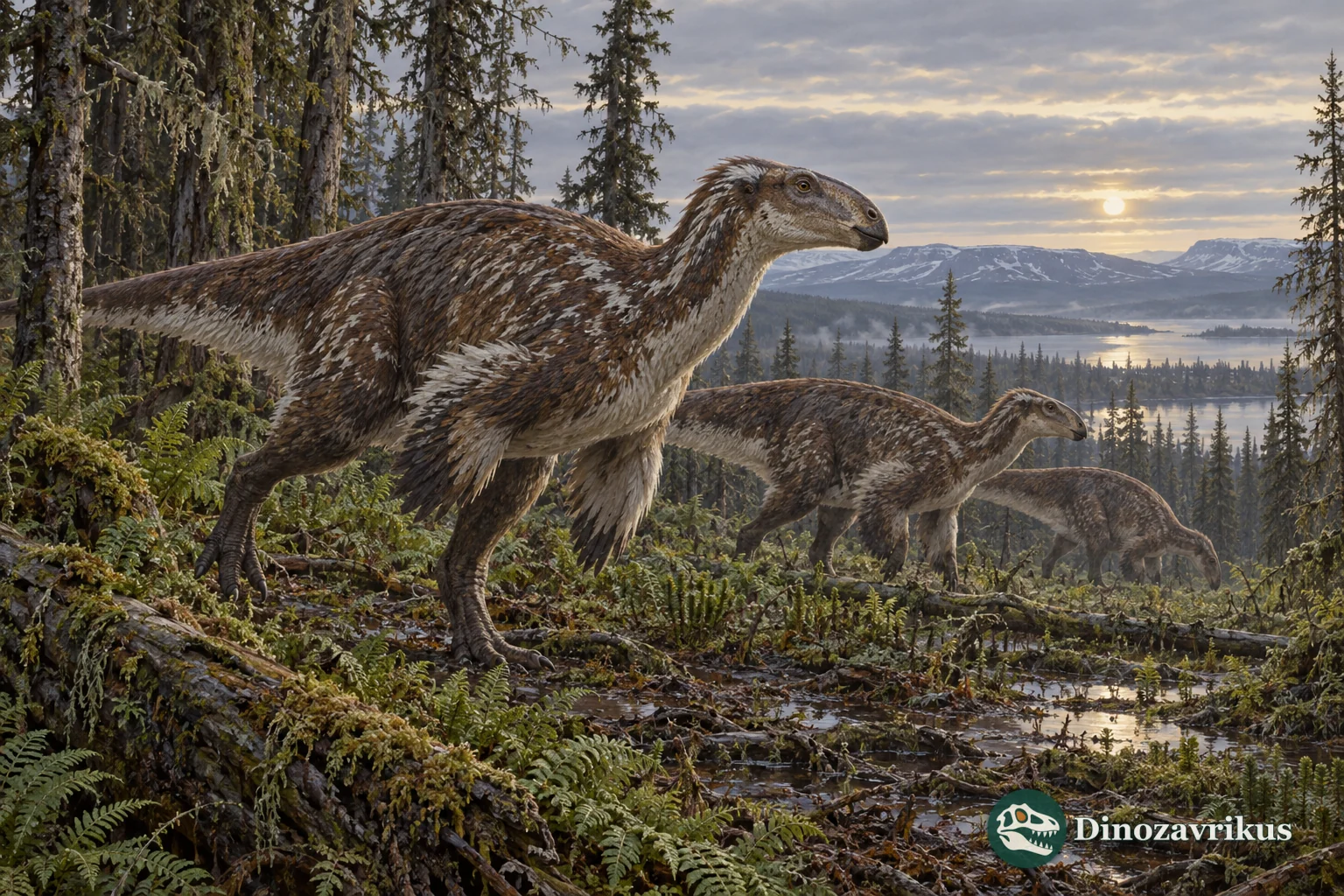 Feathered small dinosaurs moving through a high-latitude conifer woodland