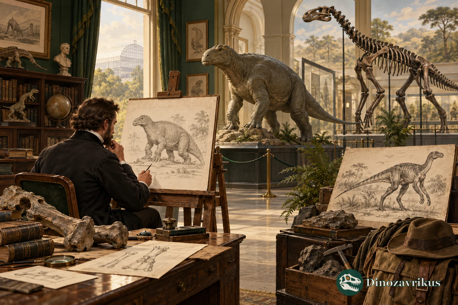 Palaeoartist sketching a dinosaur beside fossil mounts in a museum gallery