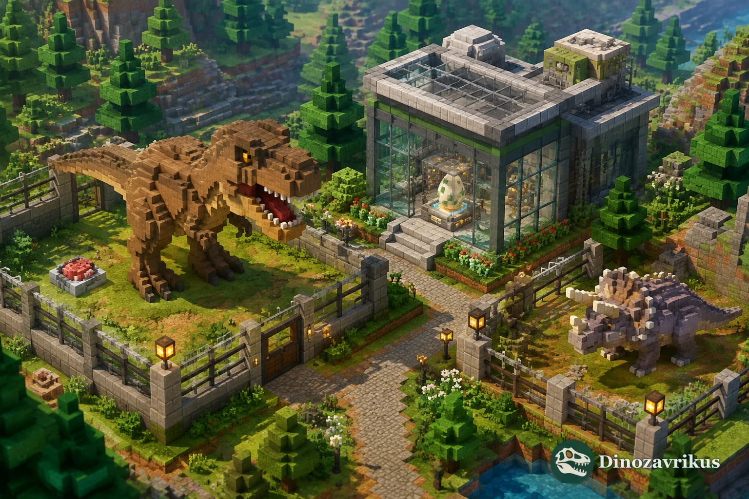 Concept illustration of a block-built park with dinosaurs