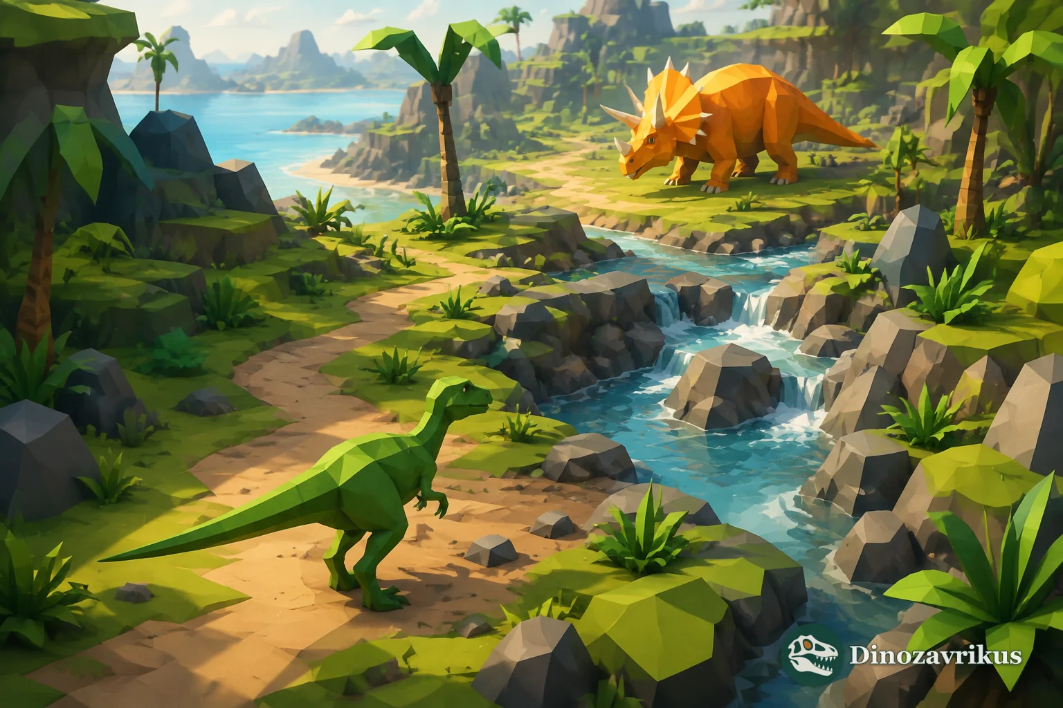 Stylised dinosaurs exploring a blocky tropical world inspired by user-created games