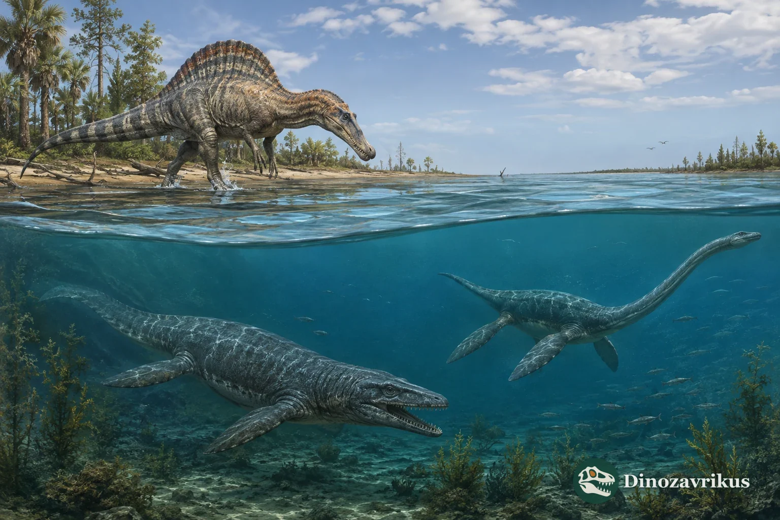 A shoreline dinosaur above water with ichthyosaurs and plesiosaurs swimming below
