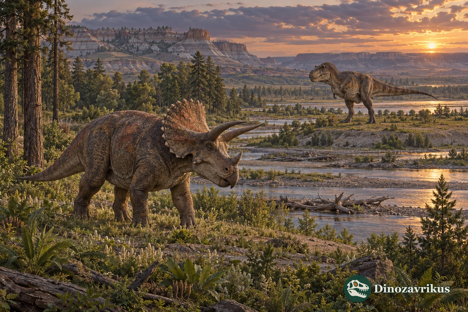 Triceratops and Tyrannosaurus rex in separate parts of a reconstructed latest Cretaceous North American river plain