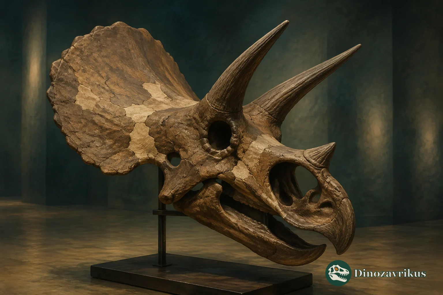 Close view of a fossil Triceratops skull displayed in a museum