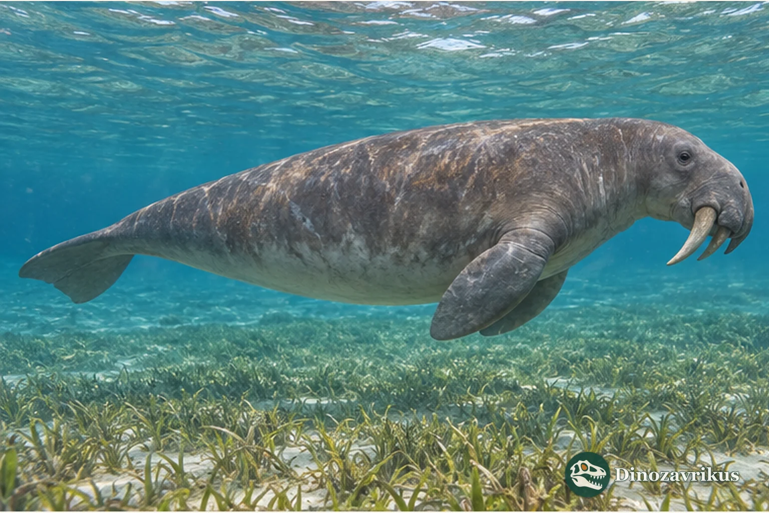 Artistic reconstruction of Dioplotherium swimming above a seagrass meadow