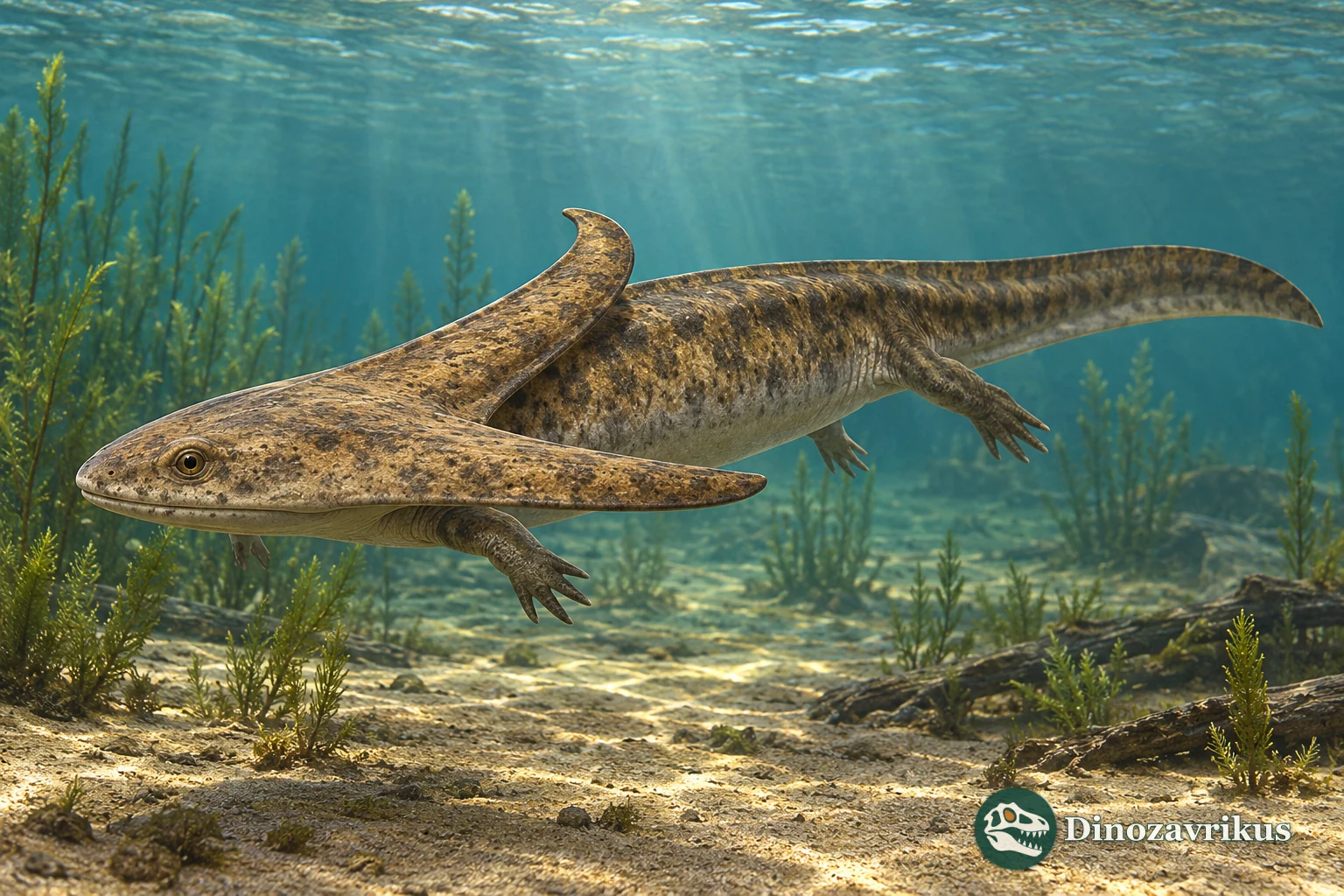 Artistic reconstruction of Diplocaulus swimming above a shallow Permian bottom