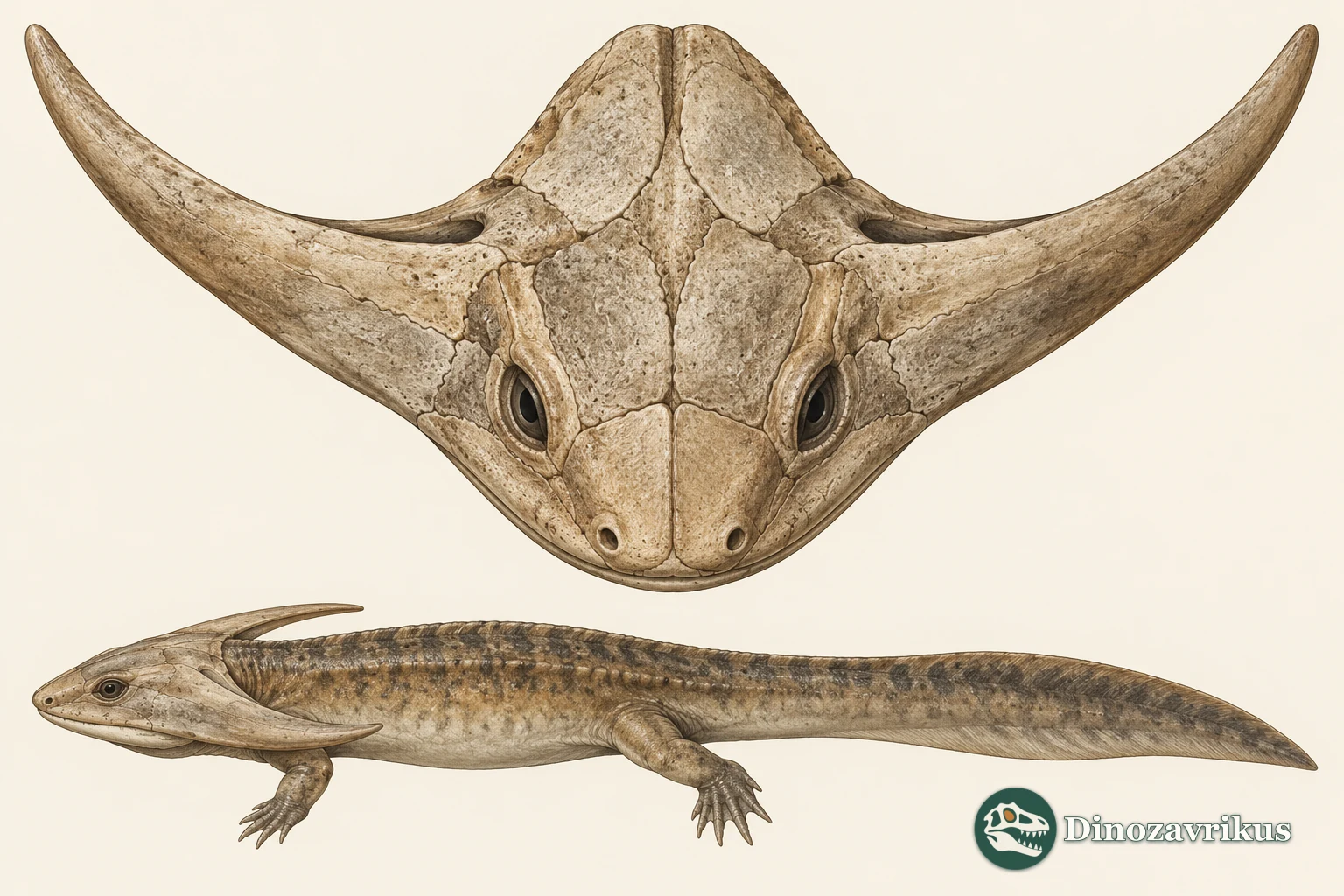 Interpretive top and side views of a Diplocaulus skull and body outline