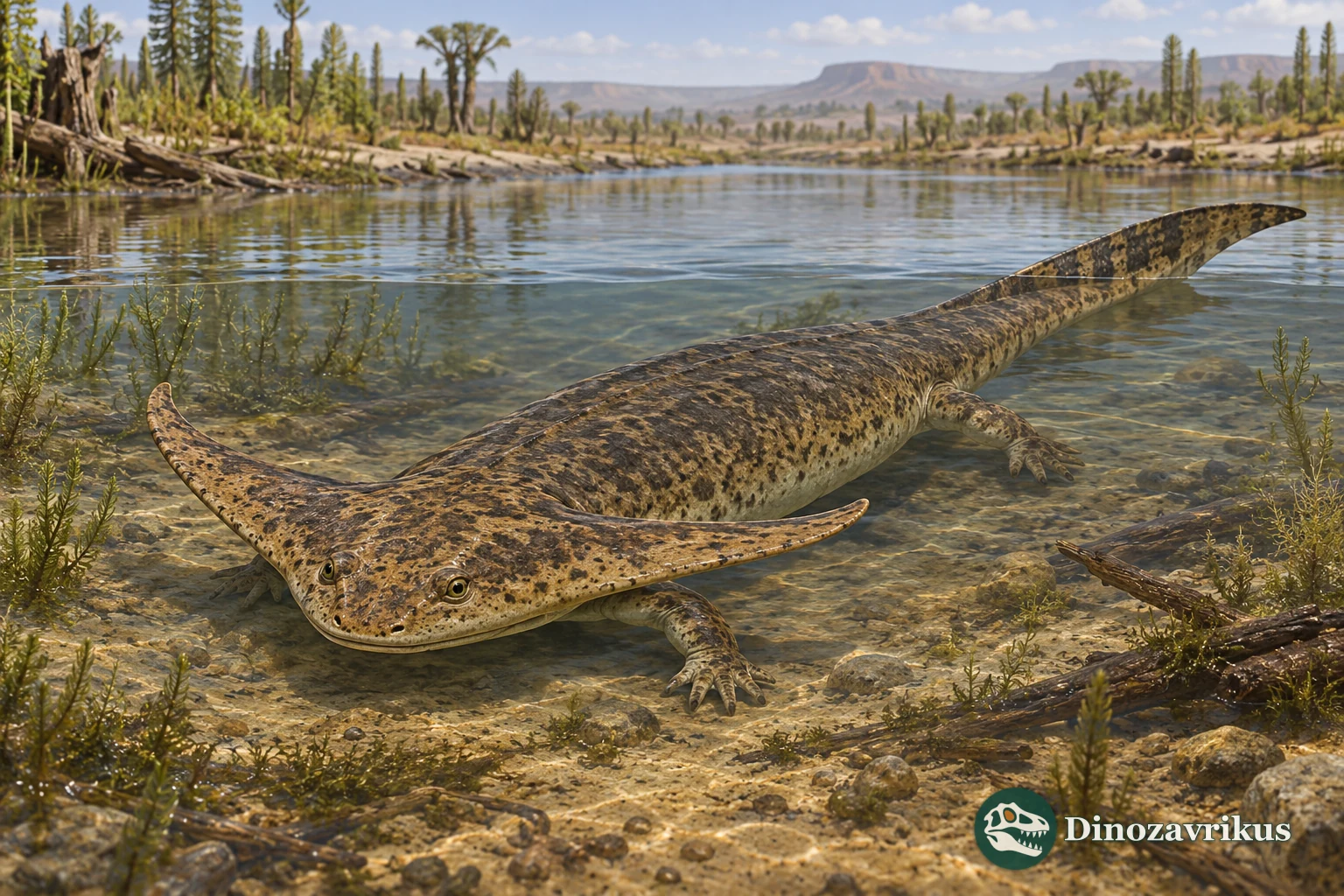 Interpretive reconstruction of Diplocaulus over the bottom of a Permian freshwater channel