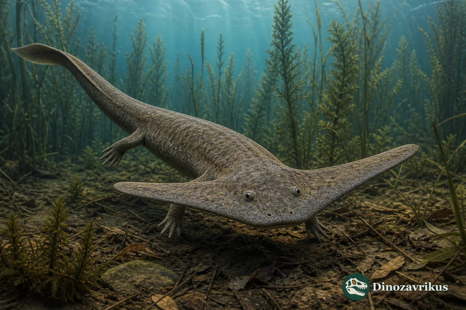 Diploceraspis burkei swimming over a Permian freshwater bottom, showing its wide skull extensions