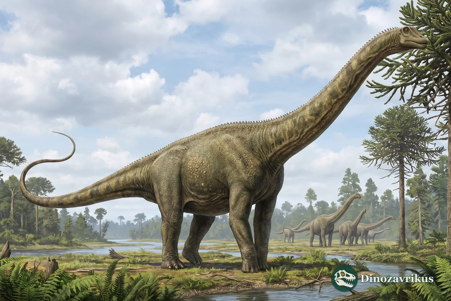 Reconstruction of Diplodocus browsing beside a river