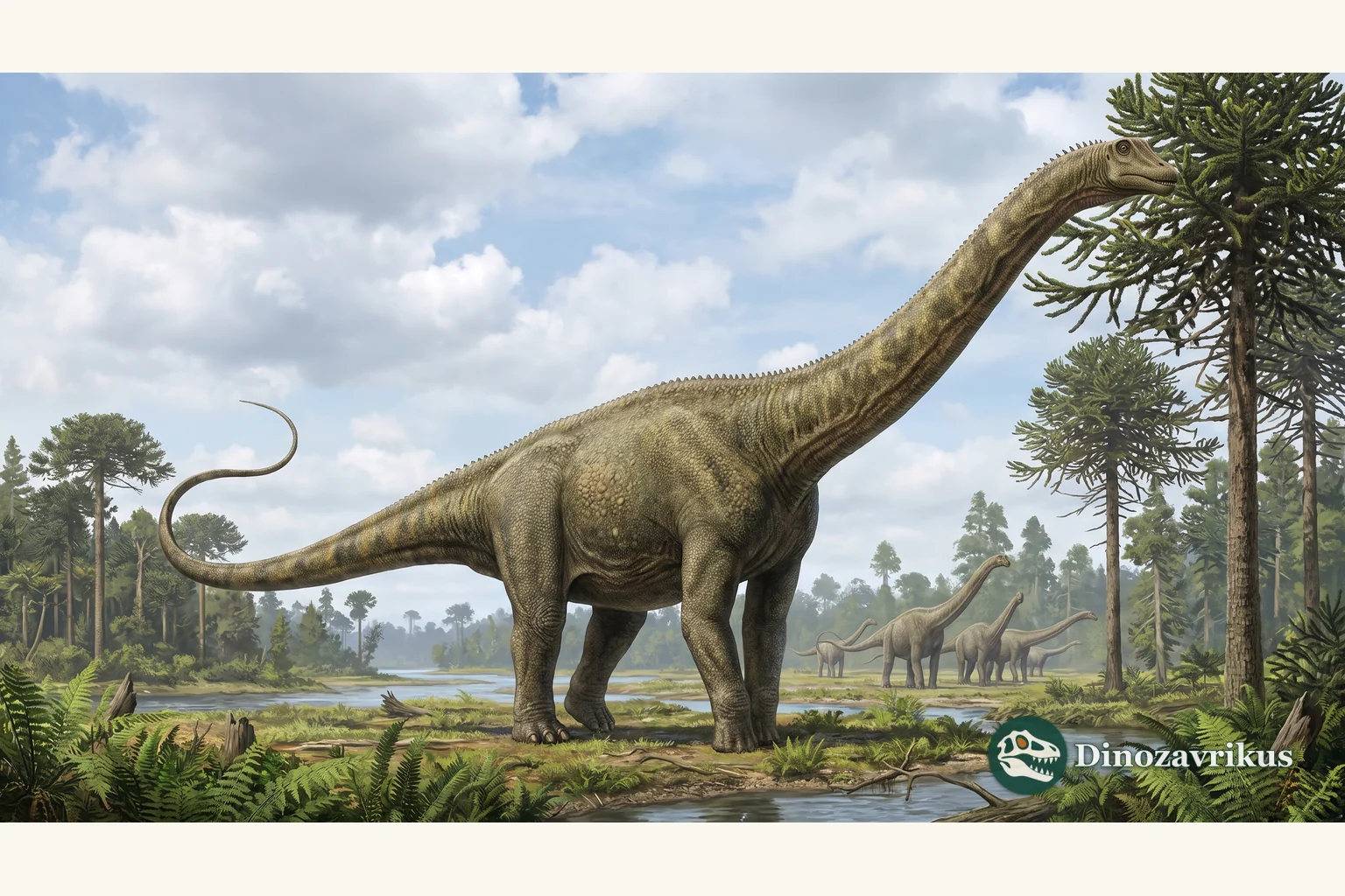 Reconstruction of Diplodocus browsing beside a river
