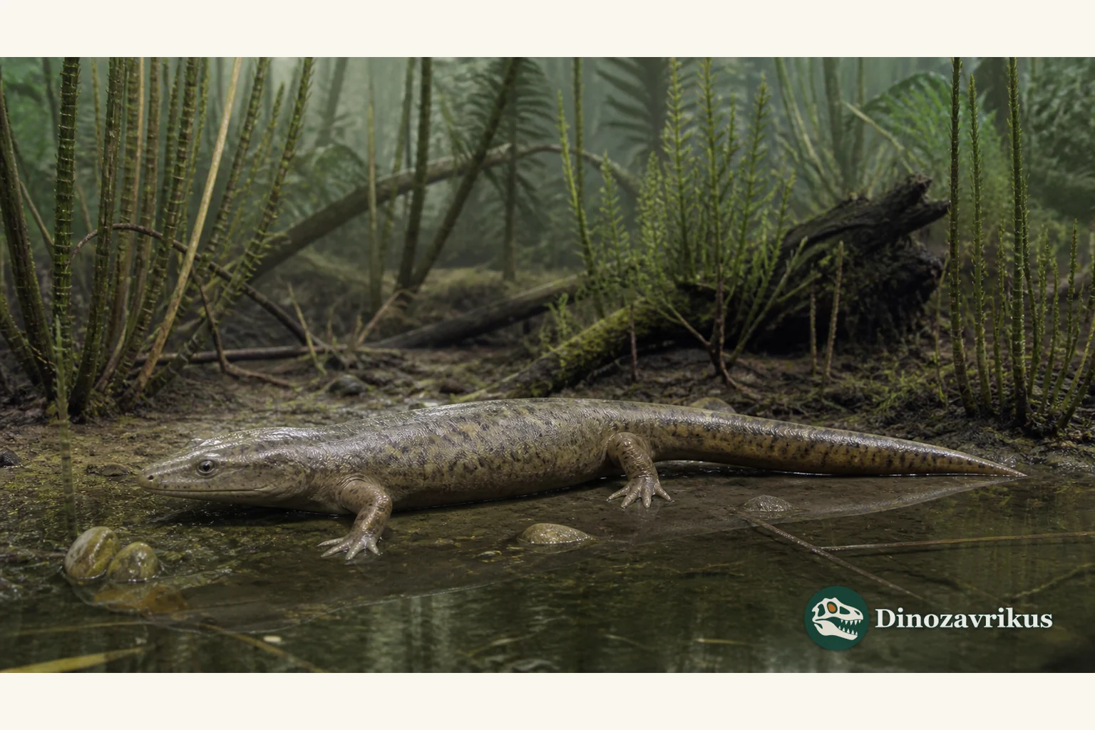 Diplovertebron cautiously reconstructed beside a Carboniferous waterway