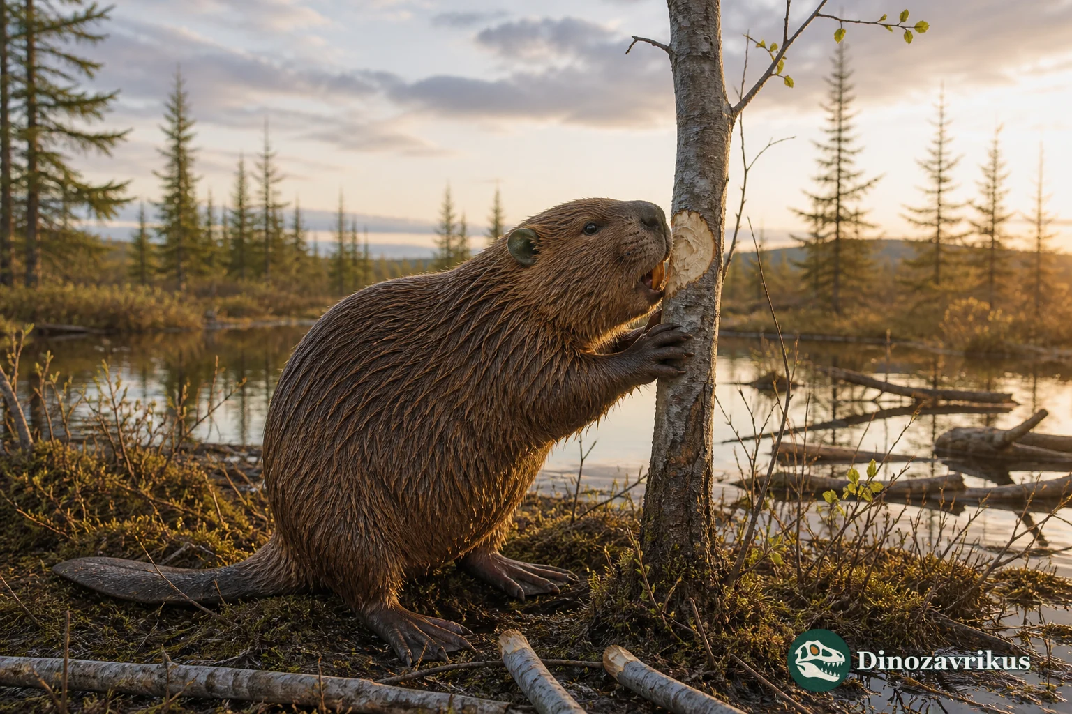 Dipoides beaver gnawing a branch beside a Pliocene Arctic wetland
