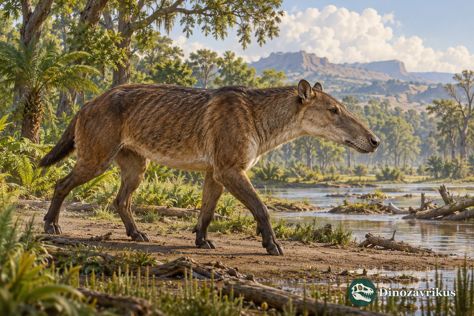 Artistic reconstruction of Dissacus praenuntius beside a stream in the early Eocene Bighorn Basin