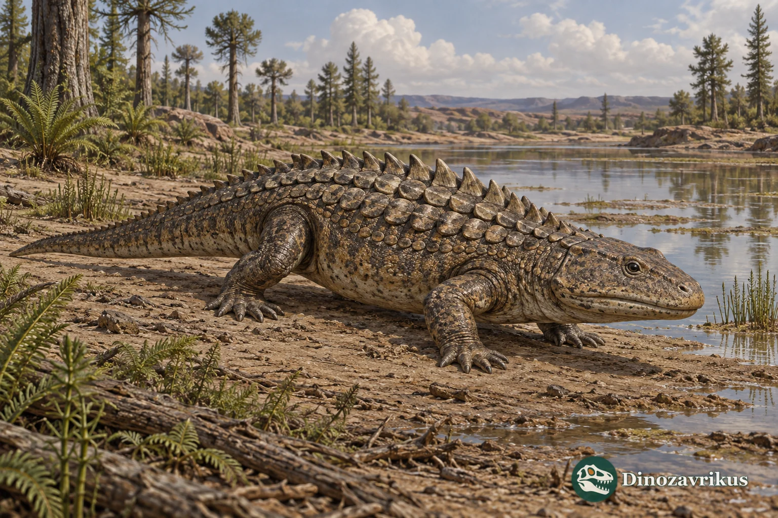 Dissorophus multicinctus walking through an Early Permian floodplain with paired dorsal armor visible