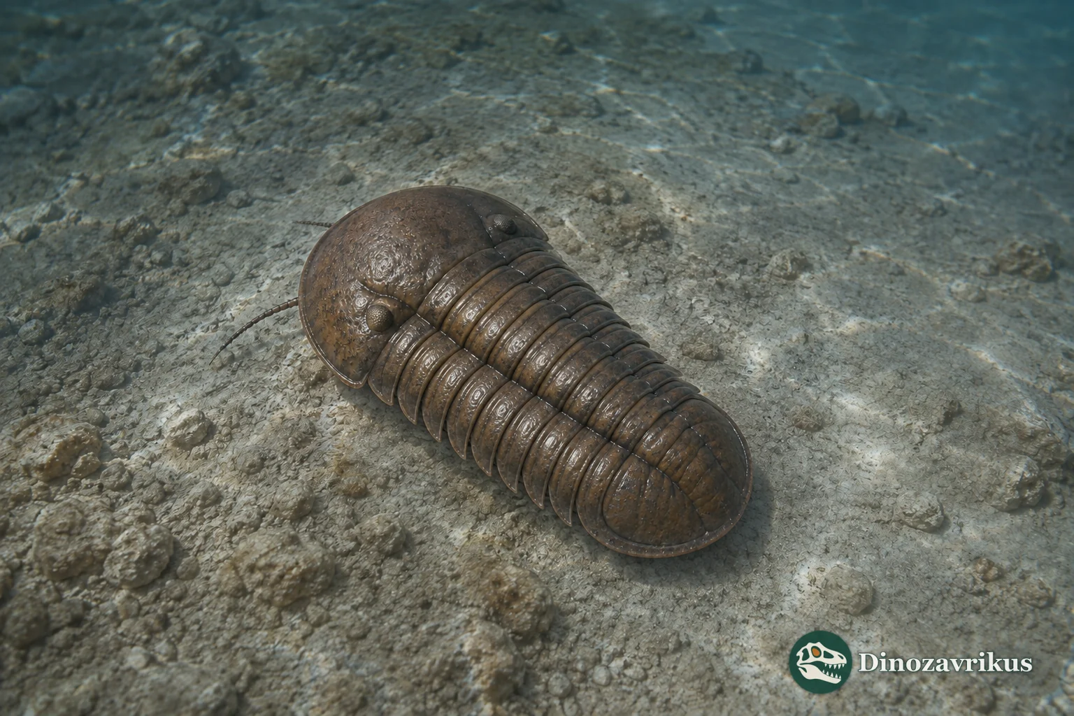 Small Ditomopyge trilobite with an expanded glabella and rounded pygidium on a Pennsylvanian seafloor