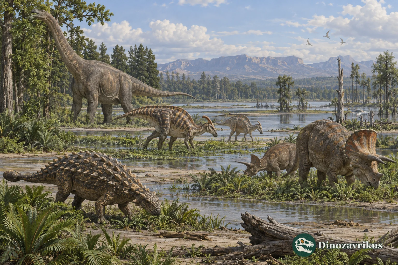 Sauropods, hadrosaurs, ceratopsians and an ankylosaur feed in different parts of a Cretaceous floodplain