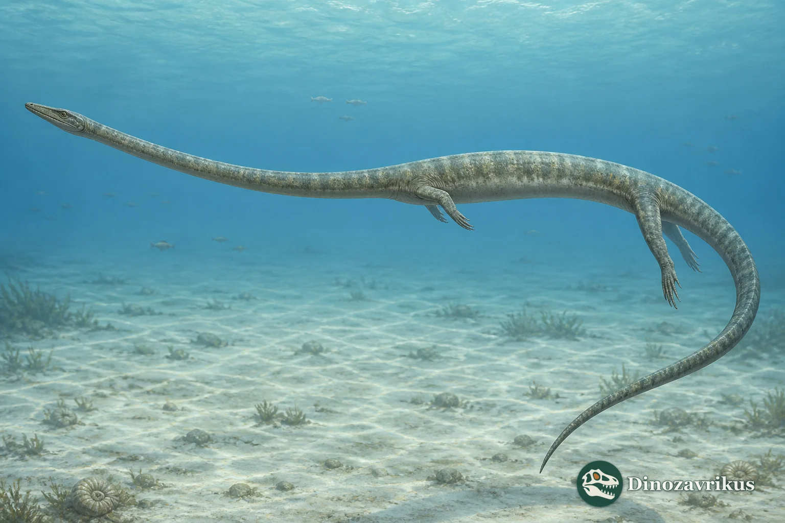 Artistic reconstruction of Dolichosaurus longicollis swimming with a long neck and small limbs in a Cretaceous sea