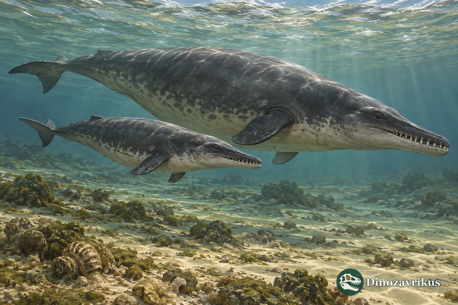 Artistic reconstruction of juvenile Dorudon swimming near an adult in shallow water