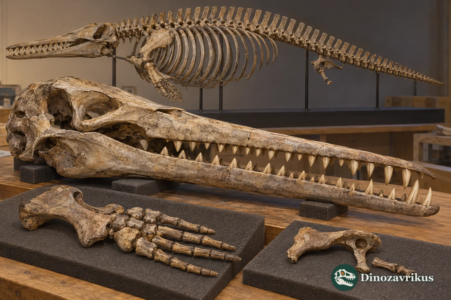 Illustrative museum study of a Dorudon skeleton and elongated skull