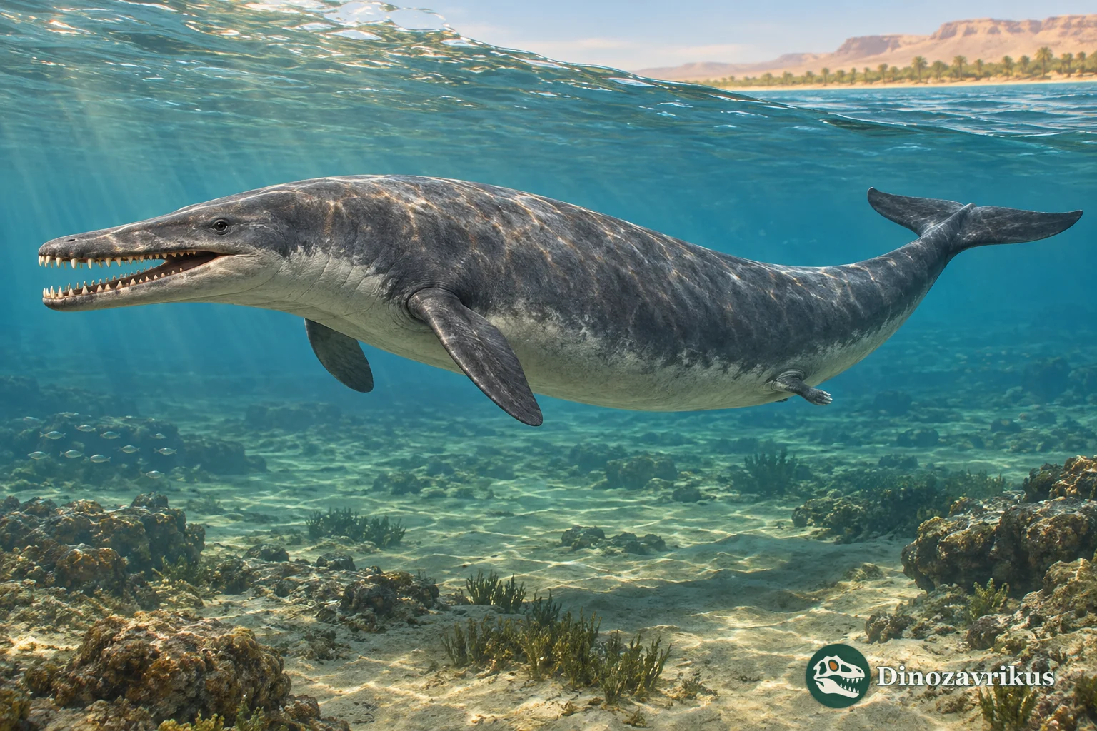 Dorudon swimming over a shallow Eocene seafloor near Fayum