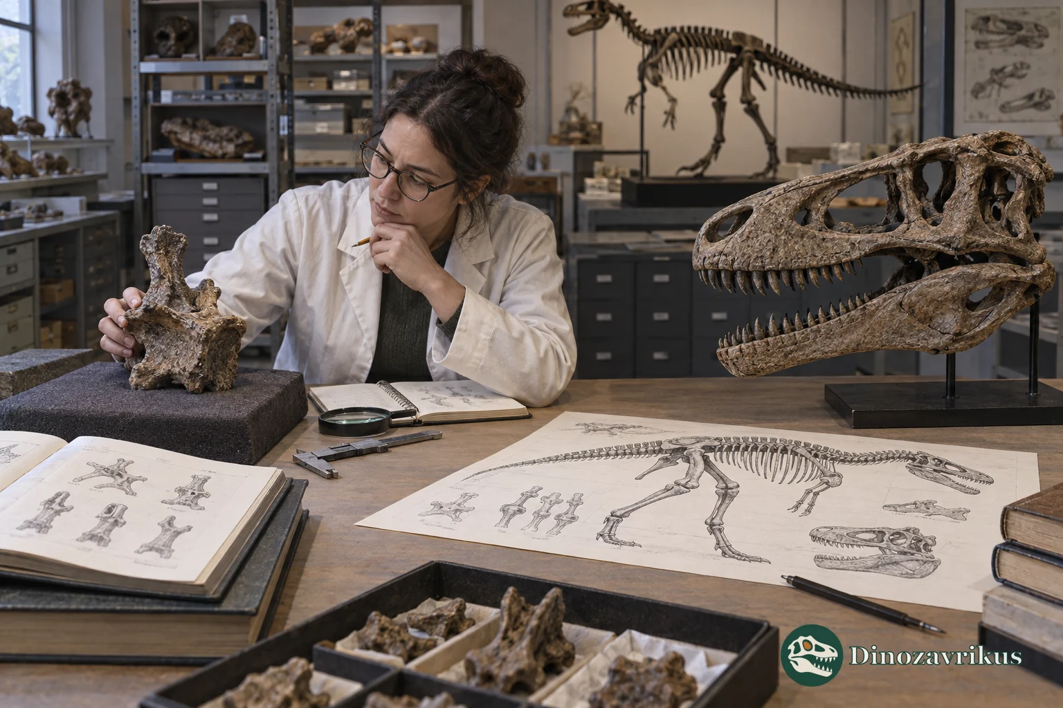 A palaeontologist comparing an incomplete dinosaur fossil with more diagnostic bones