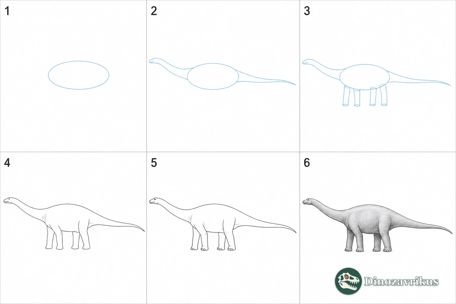 Six stages for drawing a side-view Diplodocus