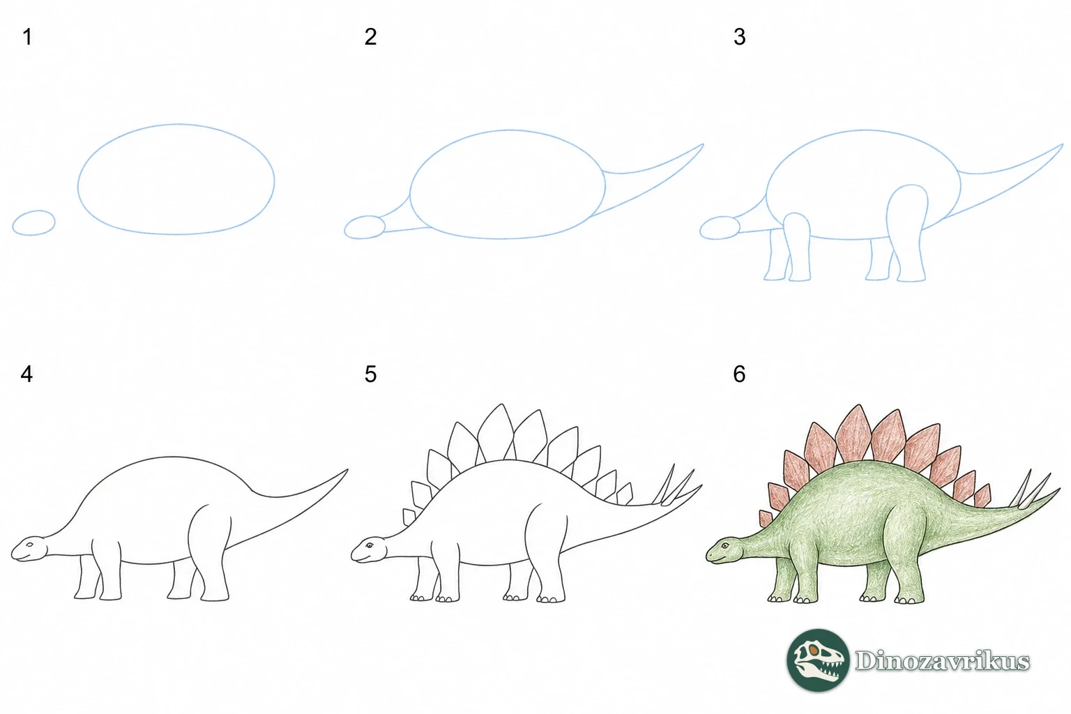 Six stages for drawing a side-view Stegosaurus