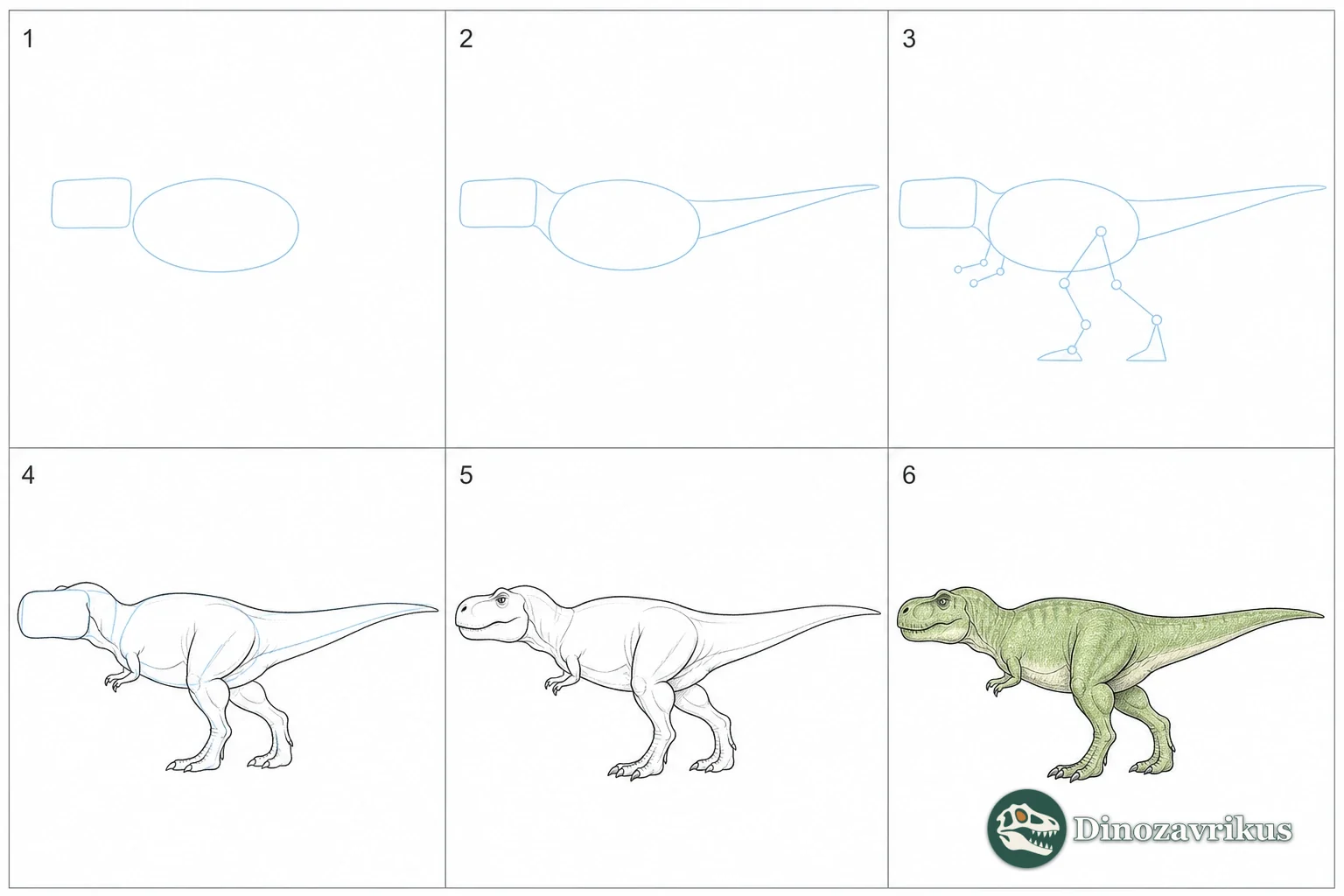 Six stages for drawing a side-view Tyrannosaurus