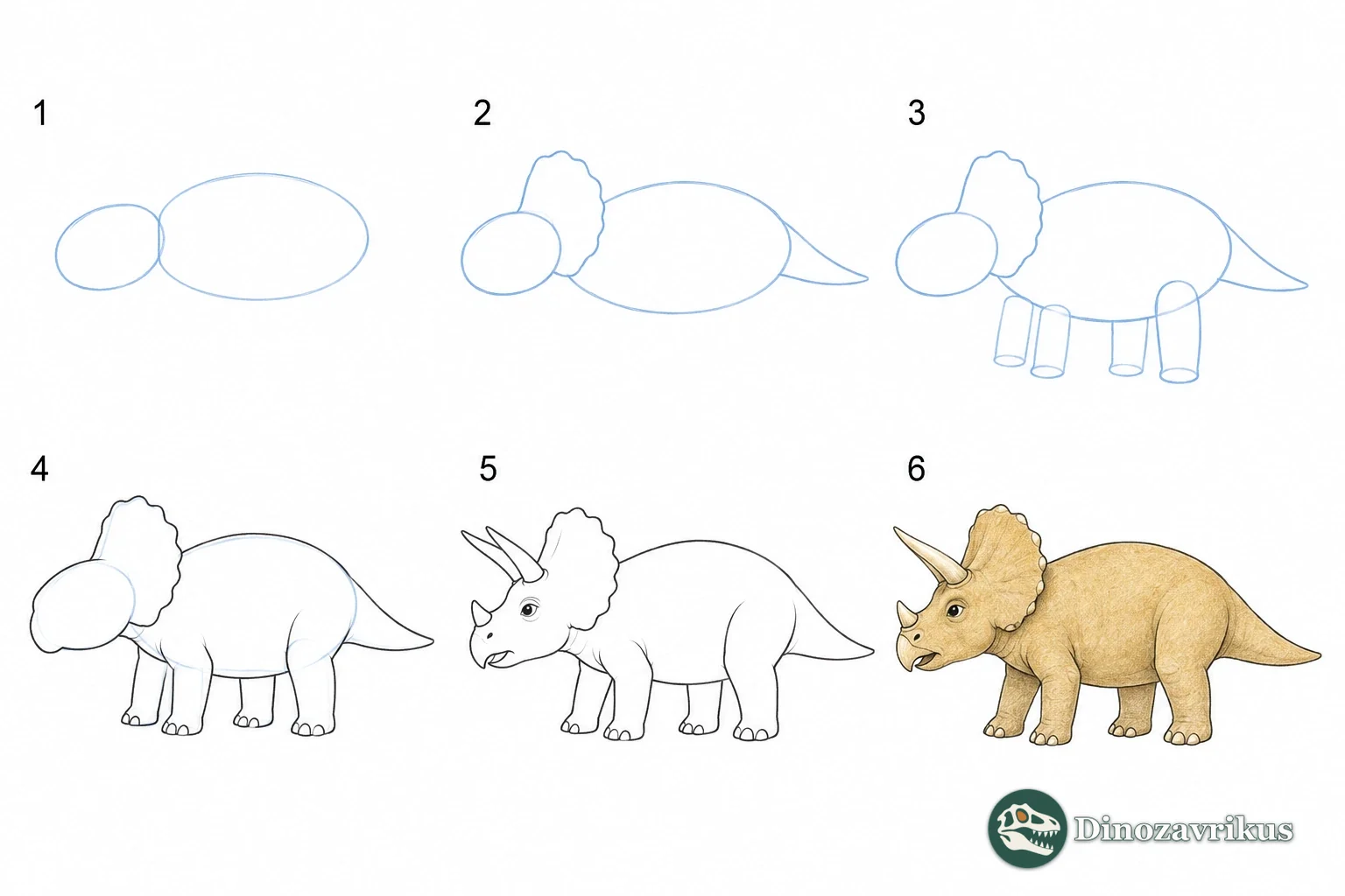 Six stages for drawing a side-view Triceratops