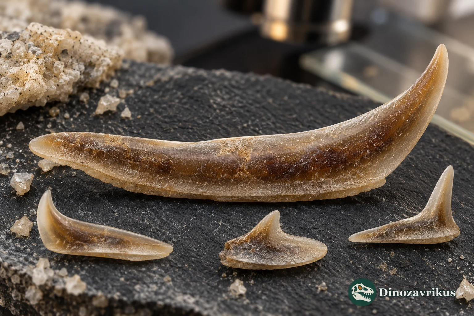 Illustrative macro still life of gently curved Drepanodus-like phosphatic elements on a specimen tray