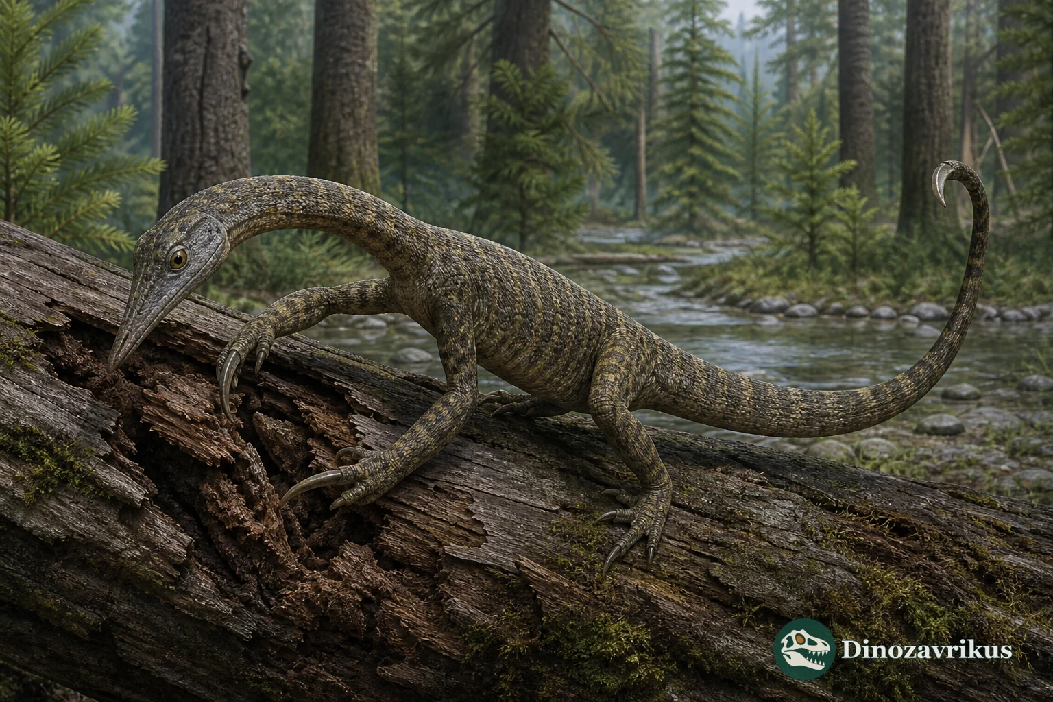 Drepanosaurus using its large foreclaw on a fallen tree in a Triassic forest