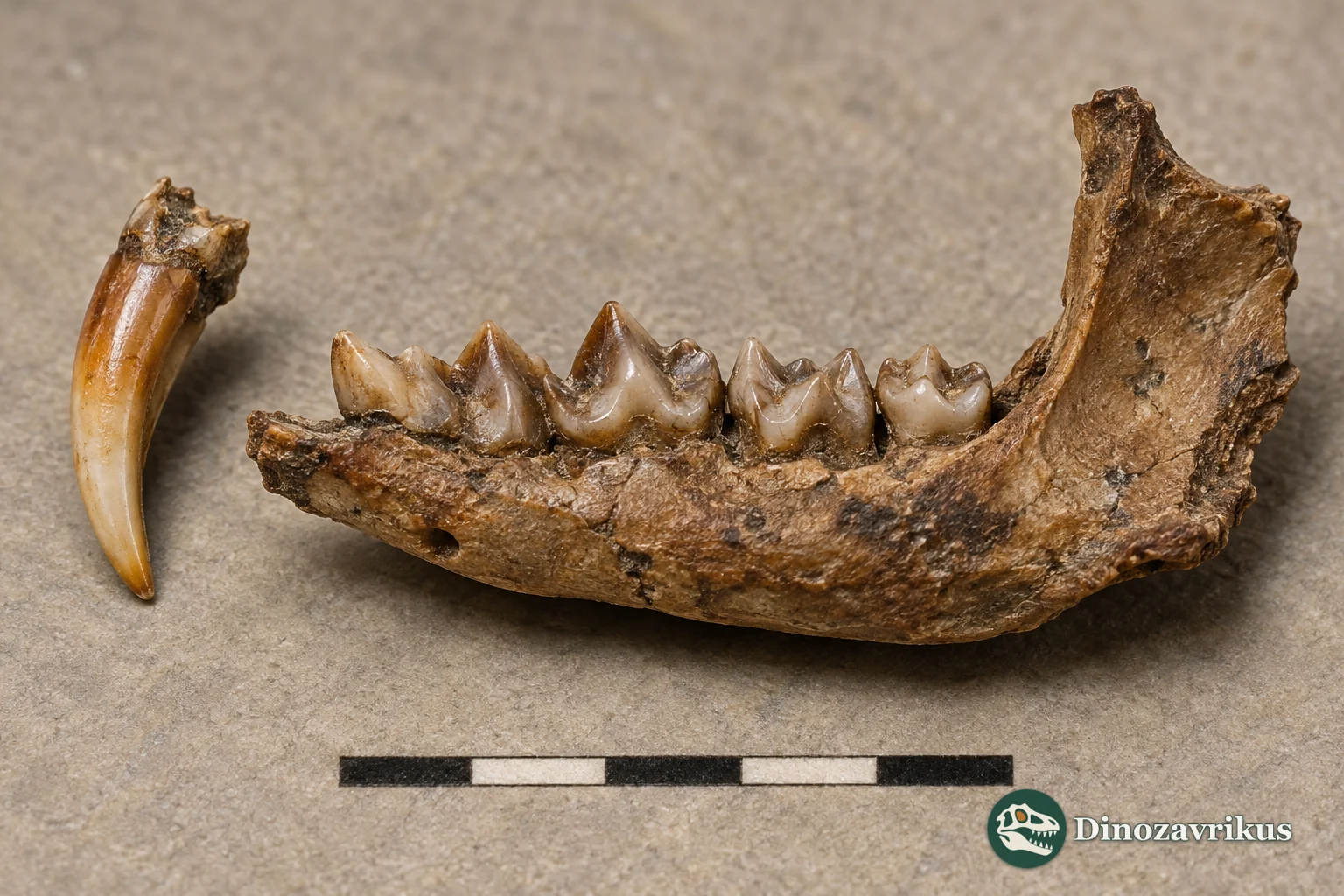 Conceptual fossil shrew jaw and isolated incisor