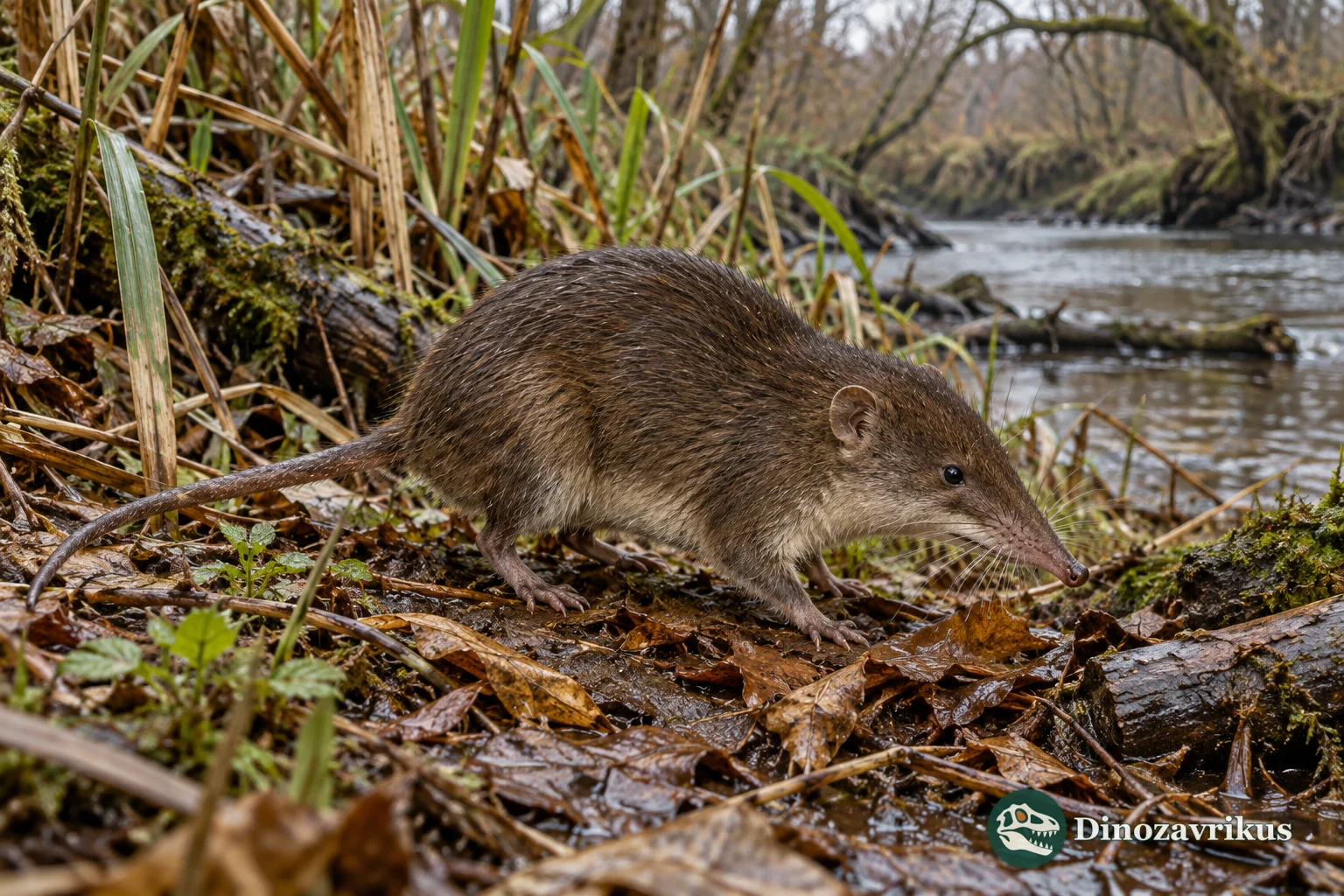 Artistic reconstruction of a Pleistocene Drepanosorex shrew beside a river