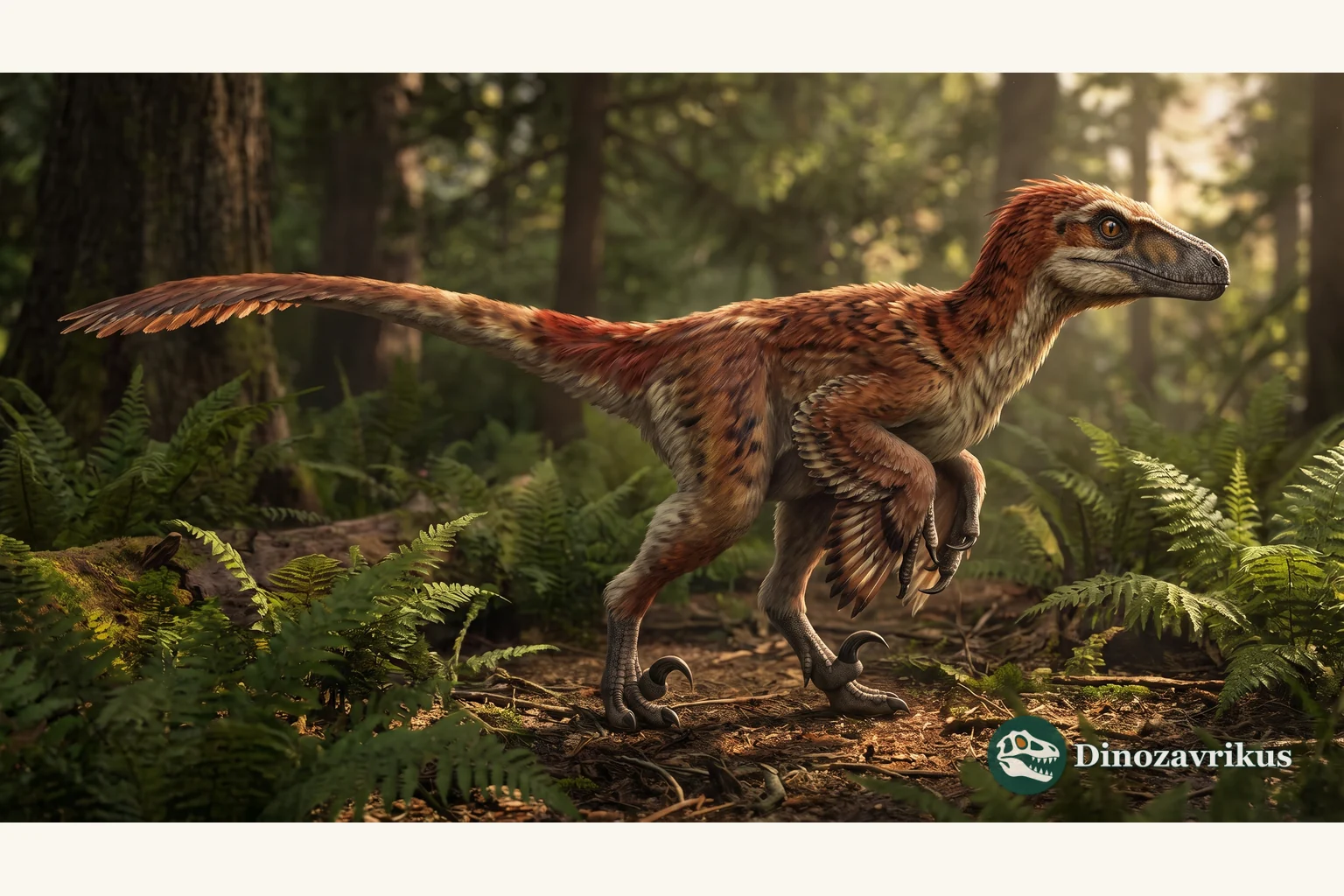 A feathered Deinonychus, a member of the dromaeosaurid family, on a forest floor