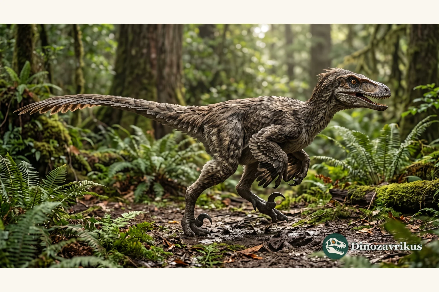 Feathered reconstruction of Dromaeosaurus walking through vegetation