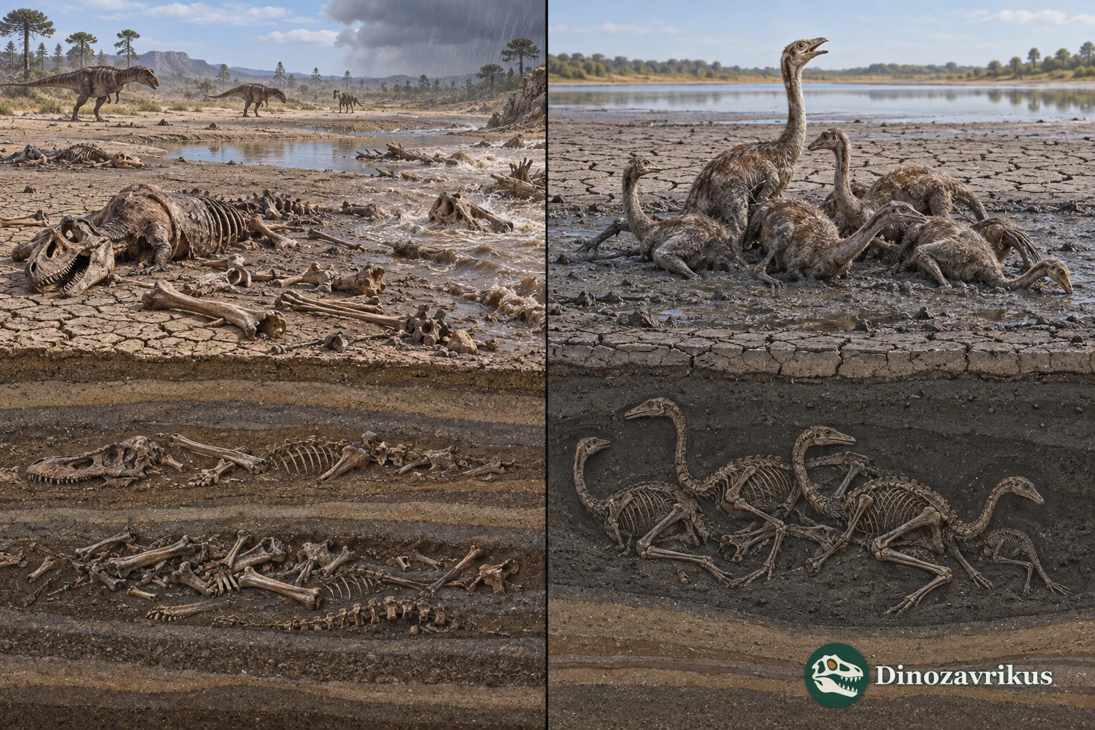 Drought waterhole and juvenile dinosaurs trapped in mud