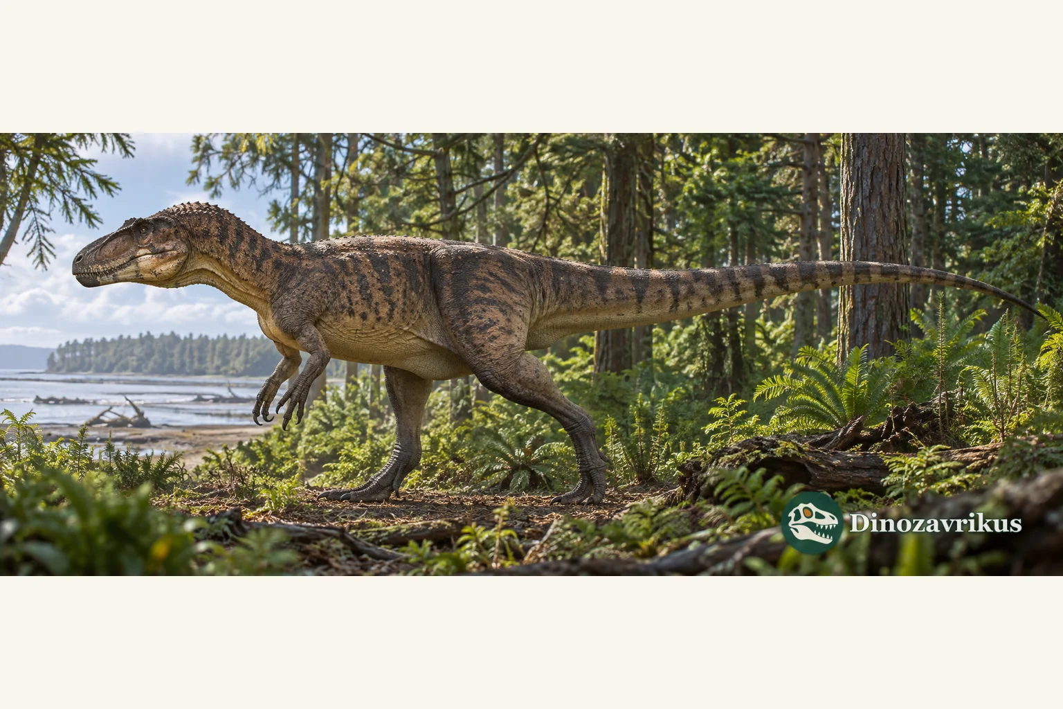 Scientific reconstruction of Dryptosaurus walking through a coastal forest