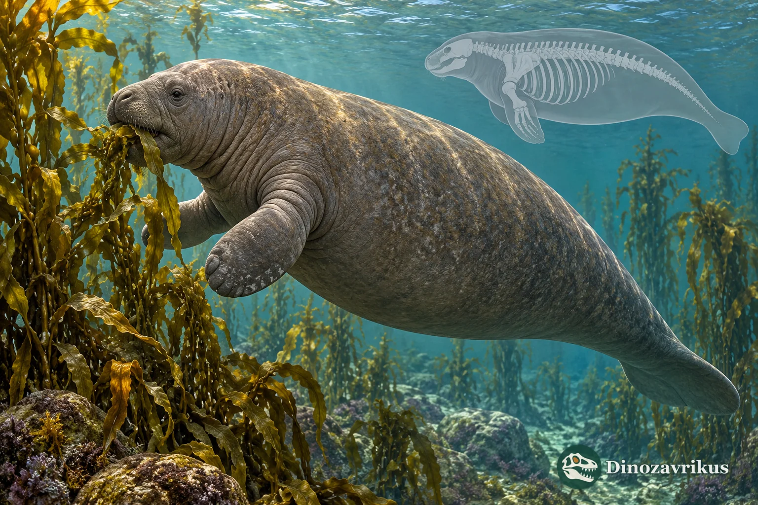Dusisiren browsing brown seaweed in shallow coastal water
