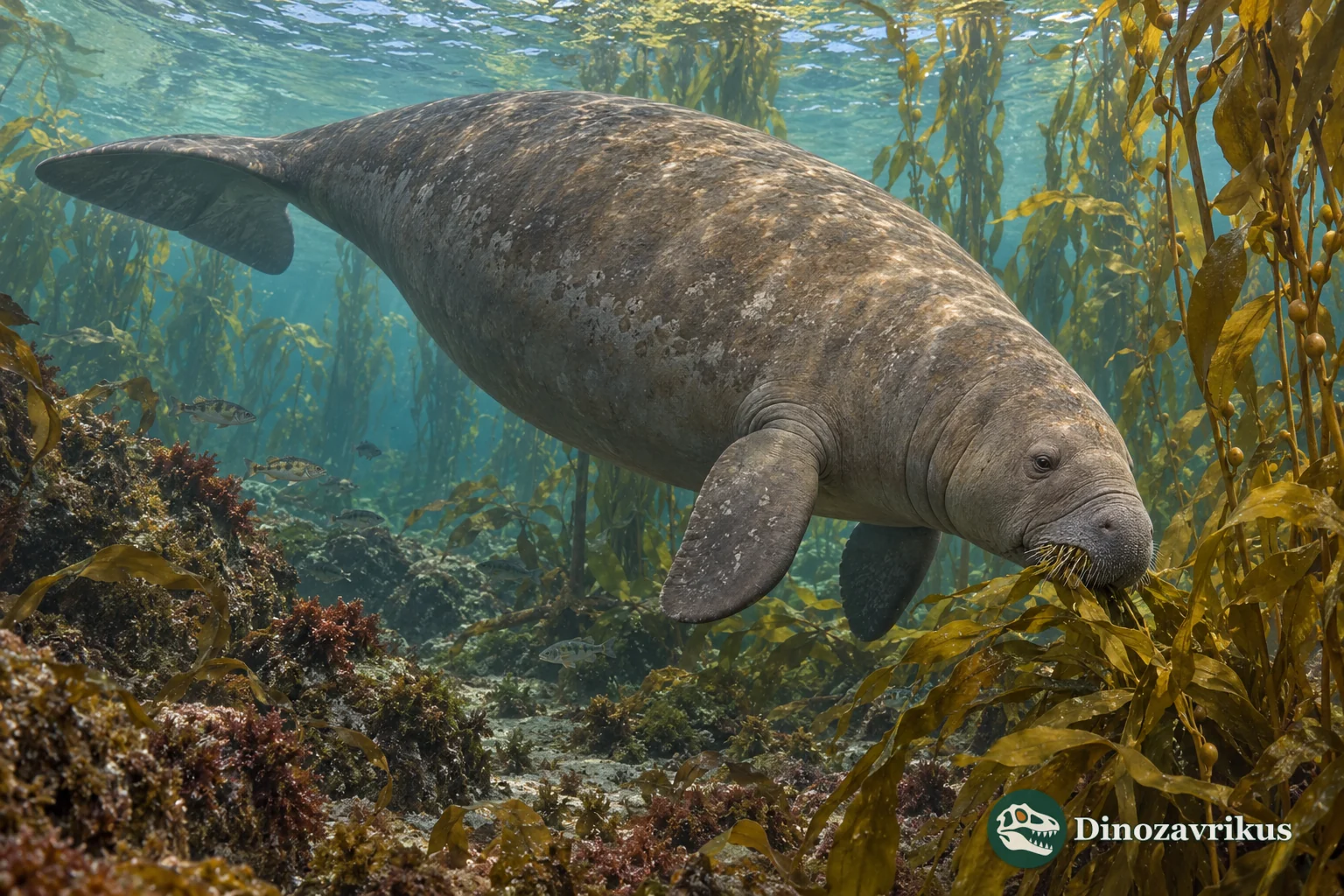Artistic reconstruction of Dusisiren swimming above a kelp bed