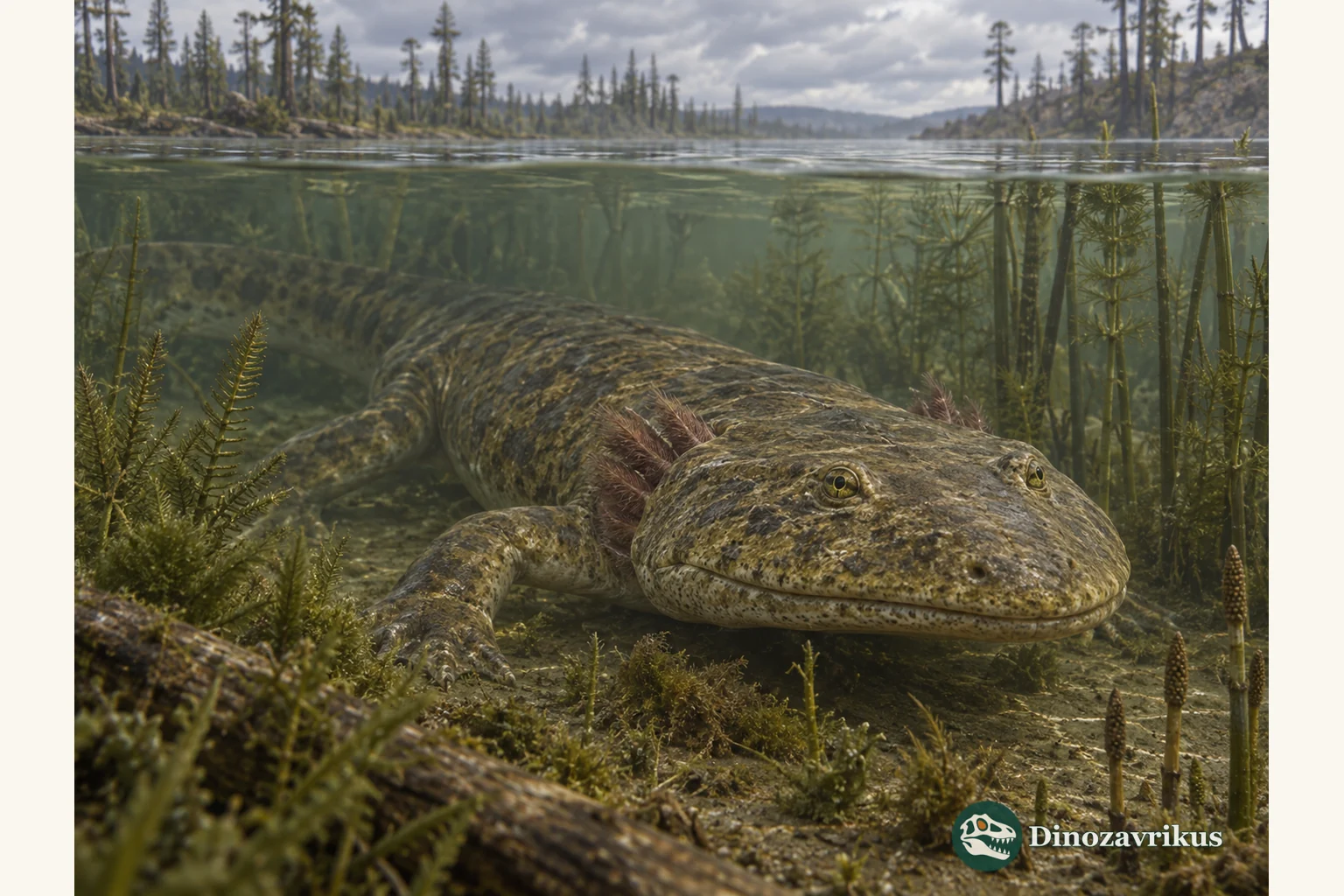Dvinosaurus reconstructed beneath the surface of a Permian freshwater lake