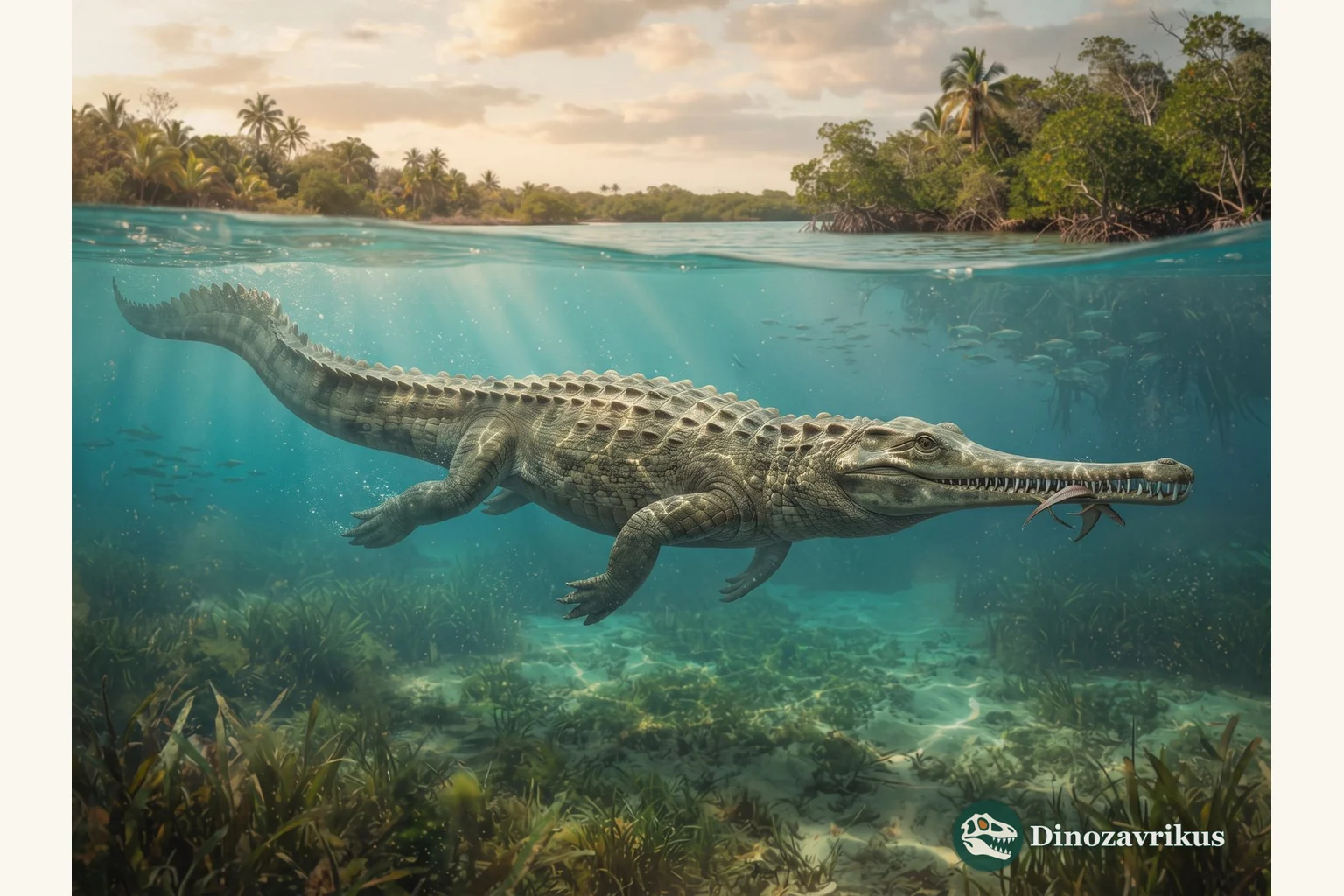 Dyrosaurus swimming through a warm Paleogene coastal sea