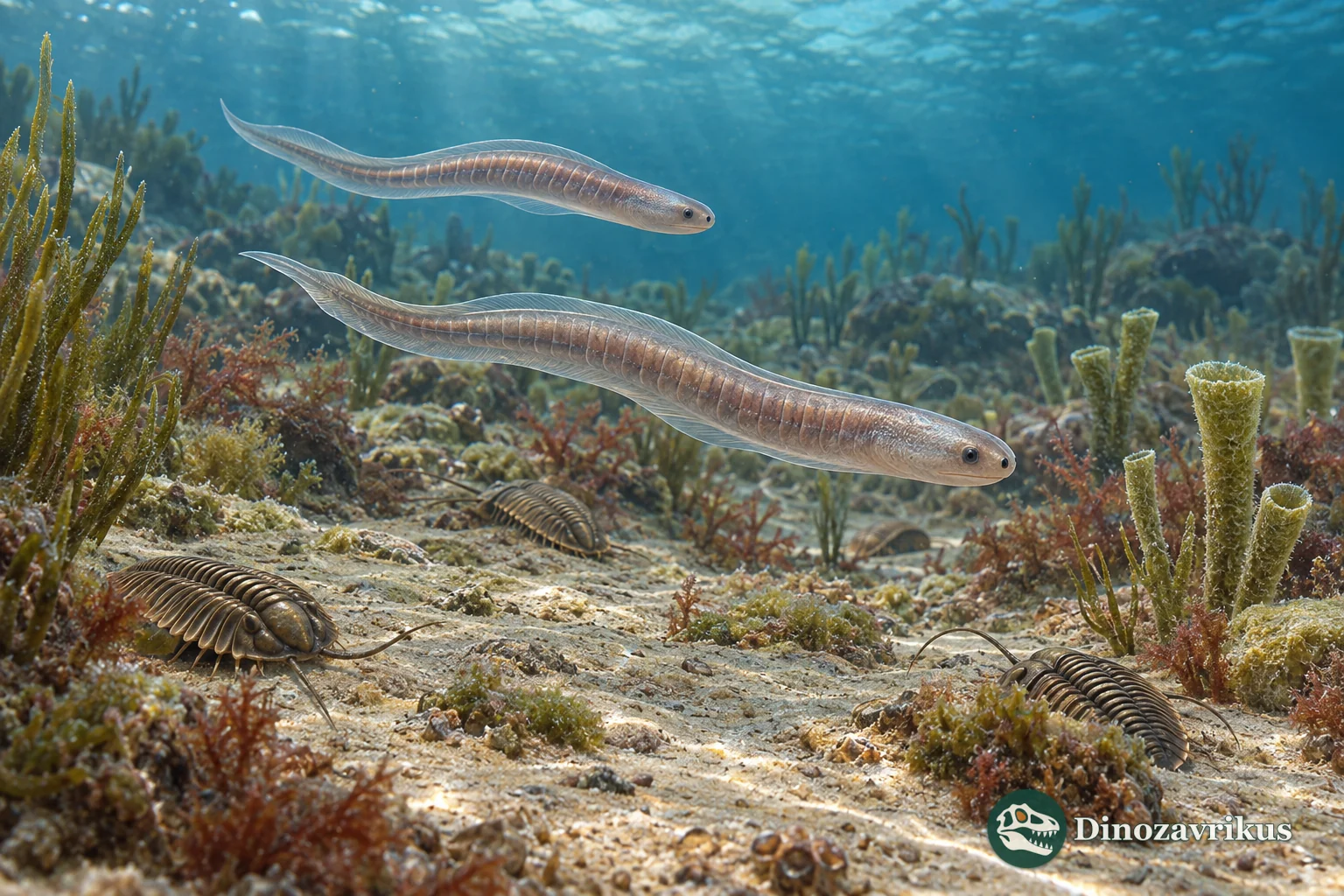 A small soft-bodied Cambrian vertebrate swimming above the seabed among early marine animals