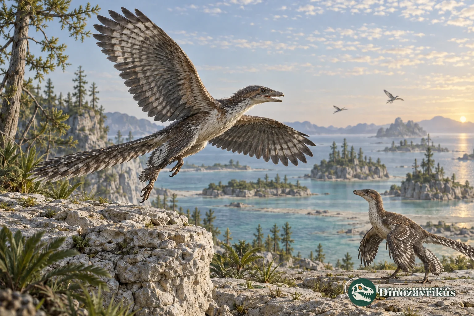 Small early avialan taking off above islands of a Late Jurassic archipelago