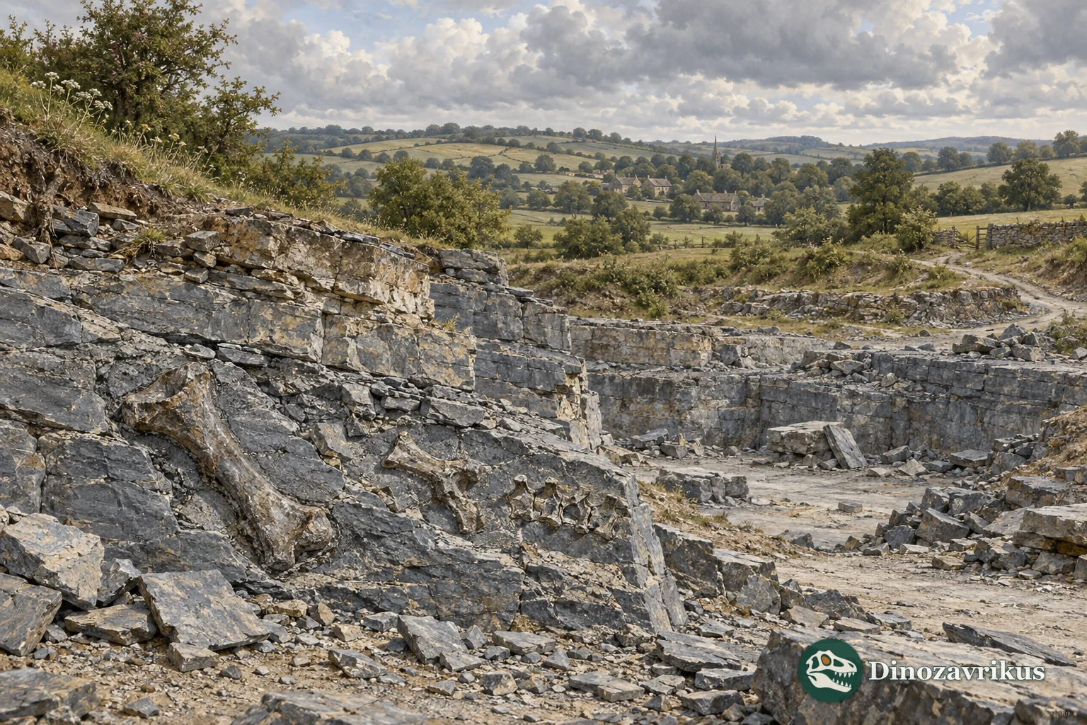 Illustrative view of a nineteenth-century Stonesfield stone quarry with fossils exposed in the rock