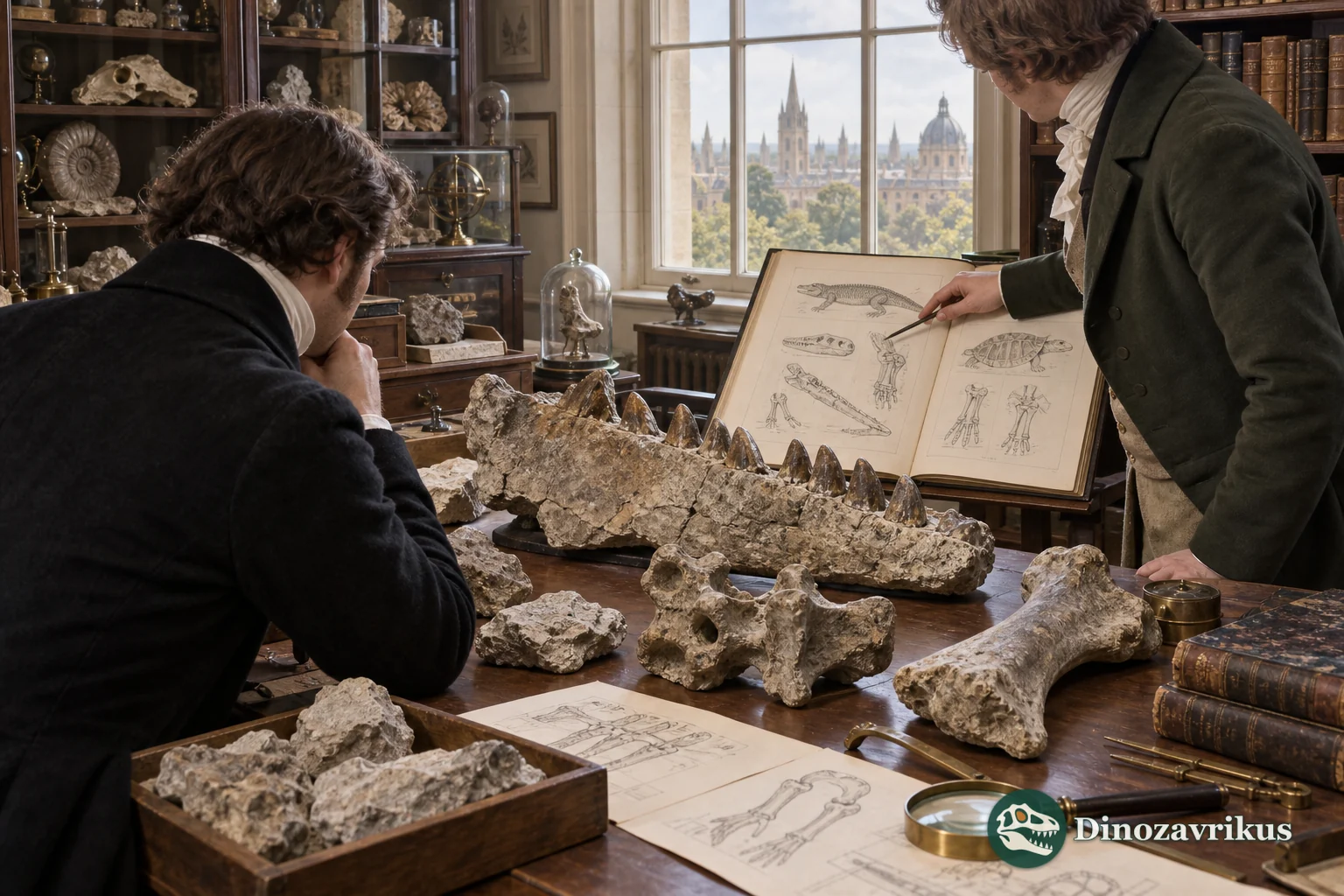 Naturalists in an 1820s anatomy room comparing fragmentary dinosaur bones with detailed drawings