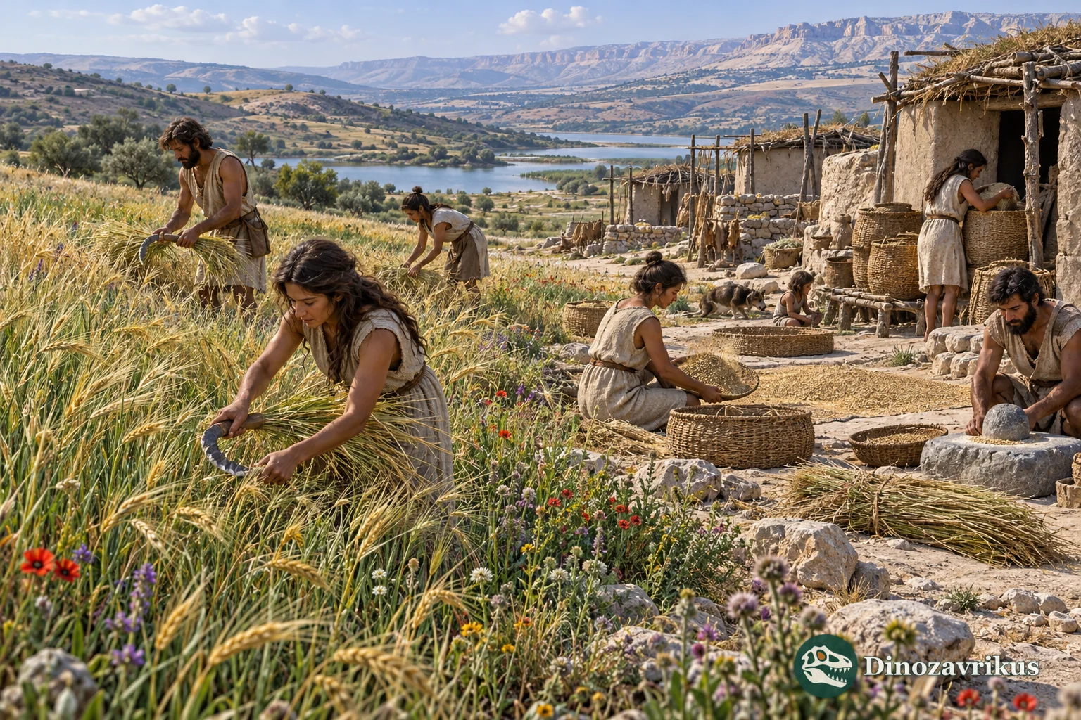 Early Neolithic people harvesting wild cereals with stone sickles in Southwest Asia