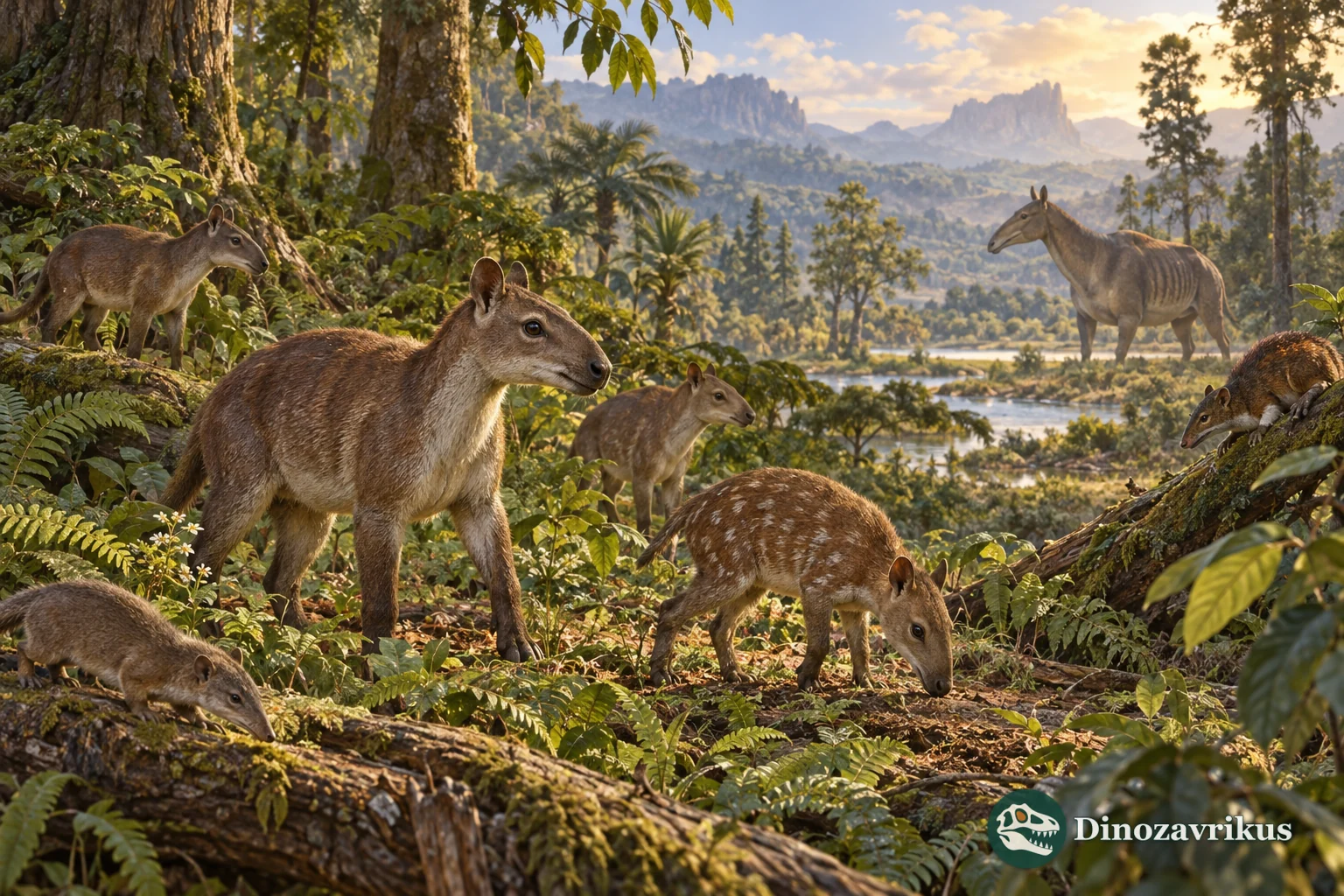 Small early Cenozoic hoofed mammals browsing in a forest clearing, with a larger ungulate-like mammal in the distance