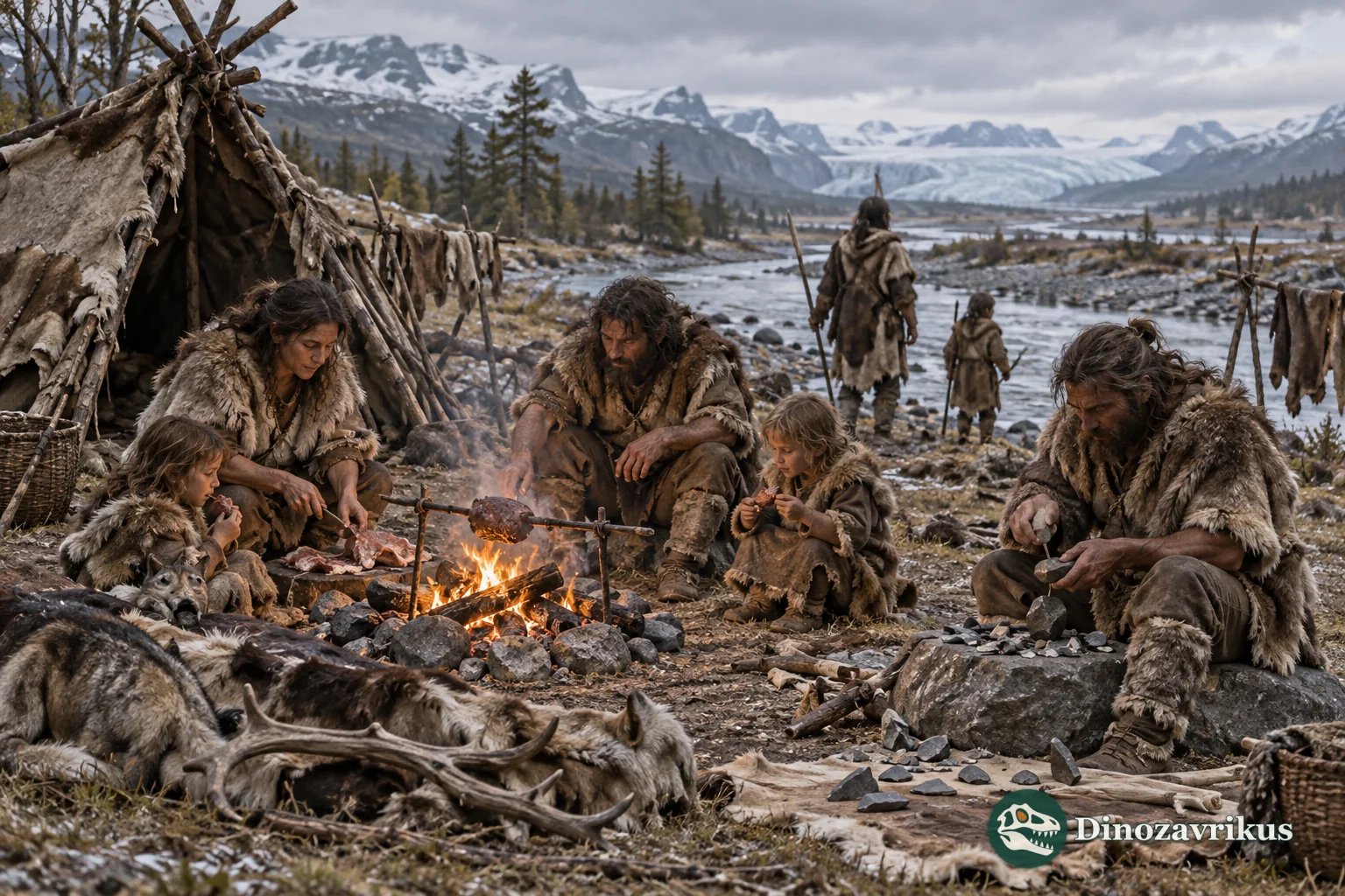 A small Ice Age forager group sharing food and making tools at a temporary camp