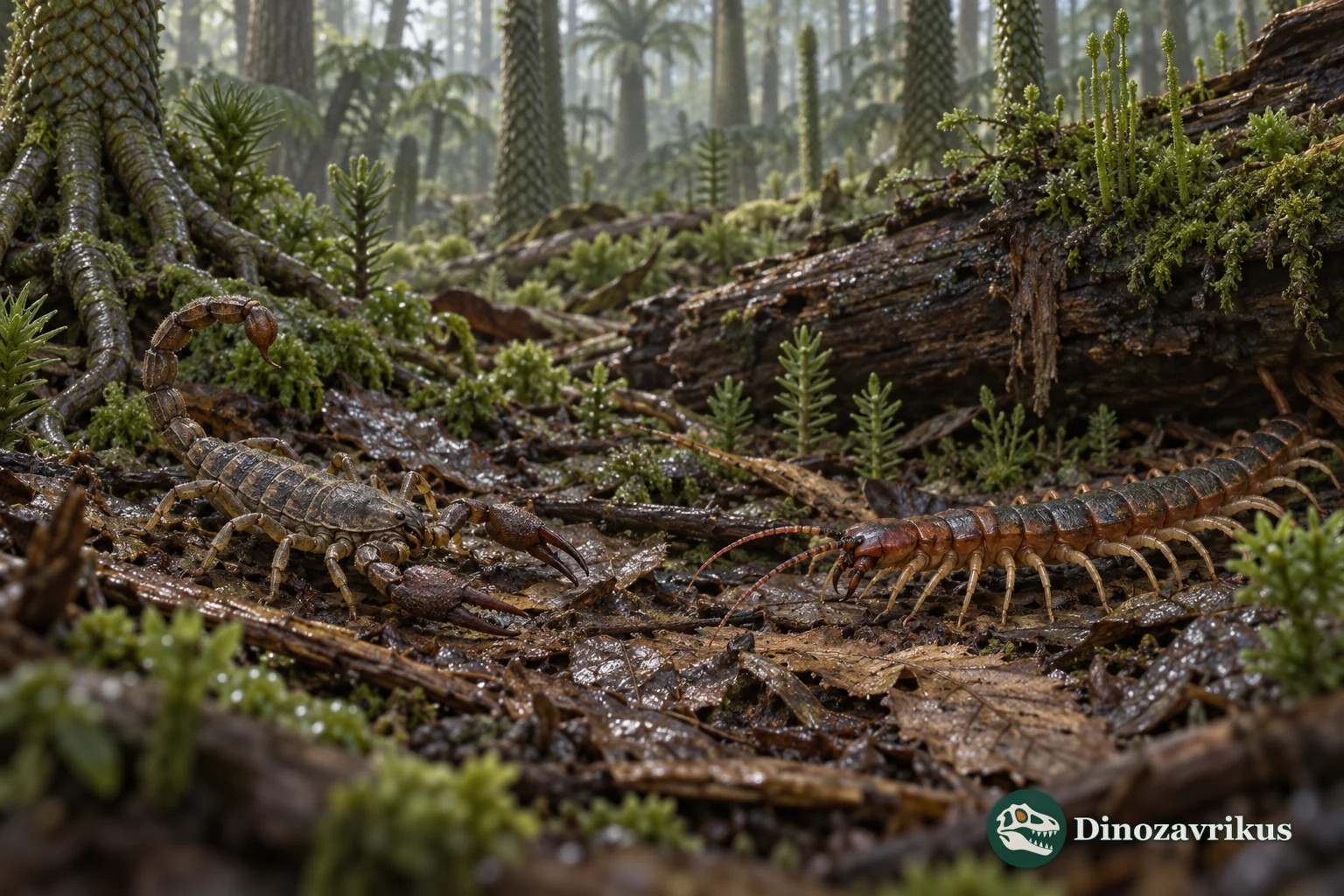 A reconstructed early Carboniferous forest floor with a scorpion and a centipede