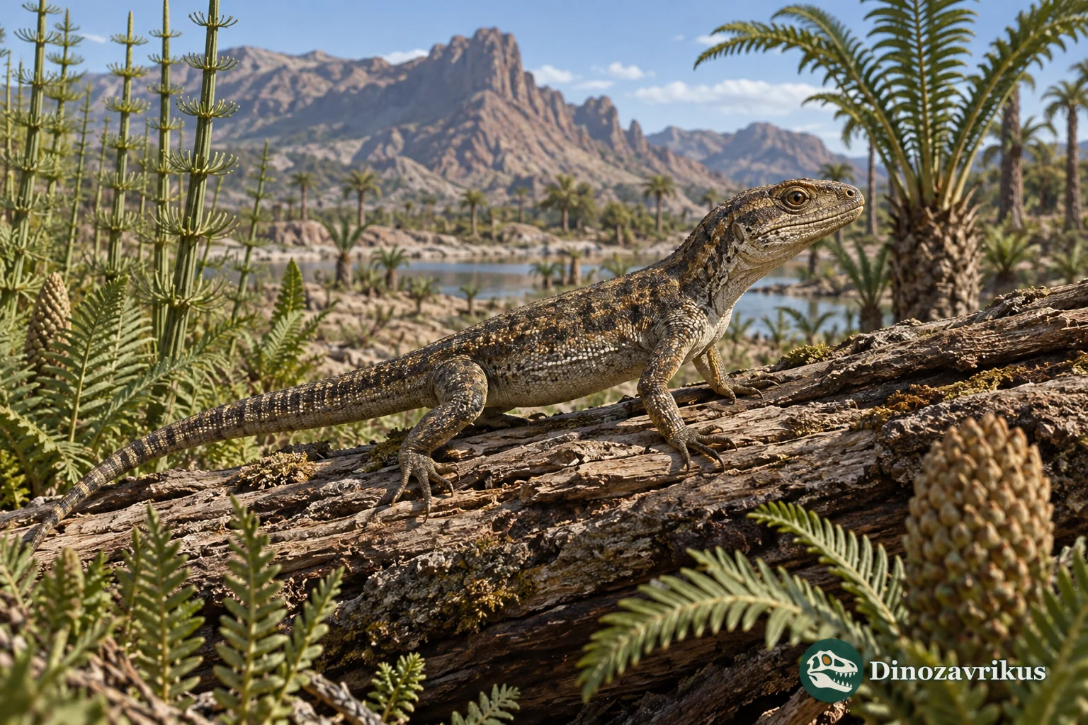 Triassic lepidosaur and early lizard-like reptiles moving among low vegetation and stones